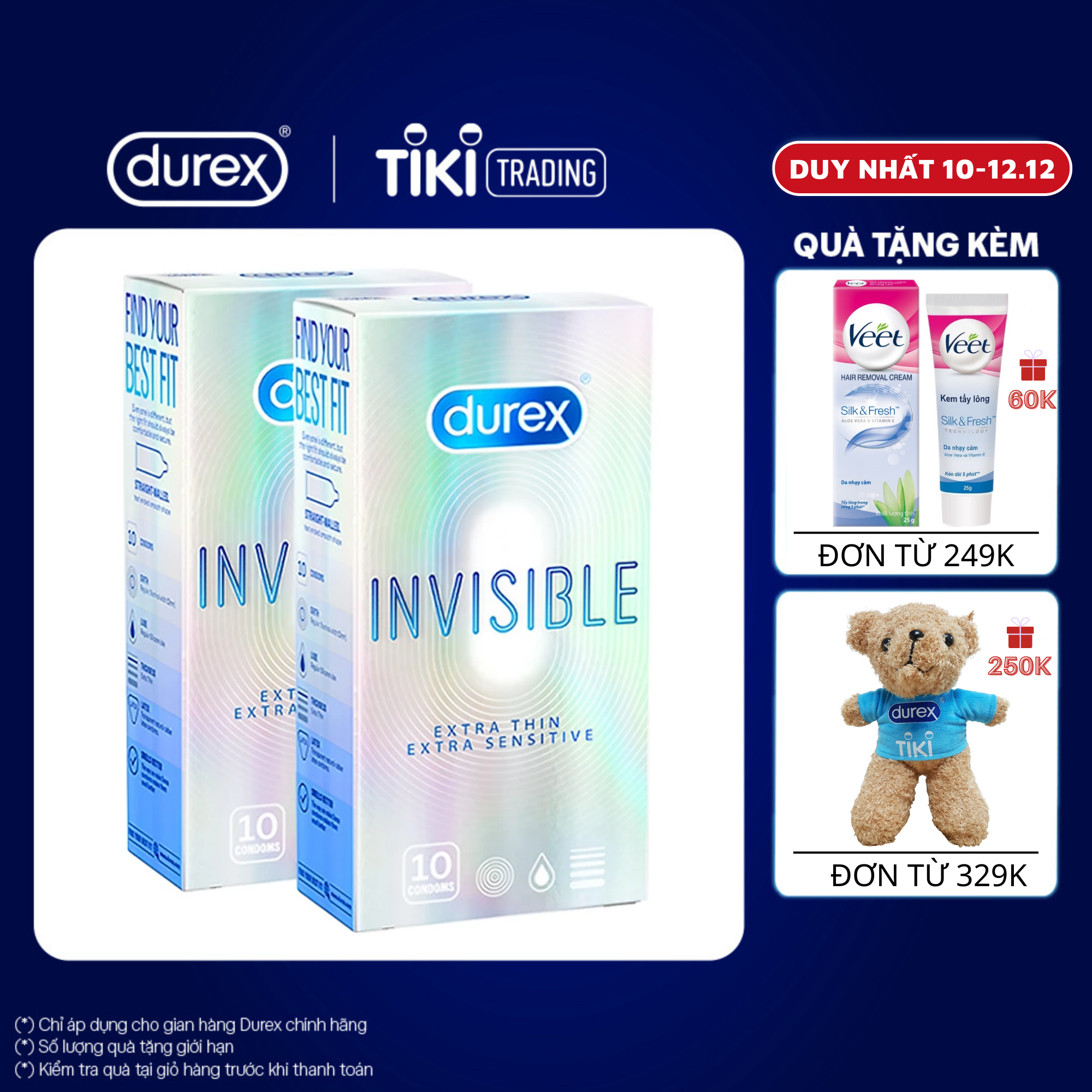 Bao Cao Su Siêu Mỏng Durex Invisible Hộp 10s + Hộp 10s