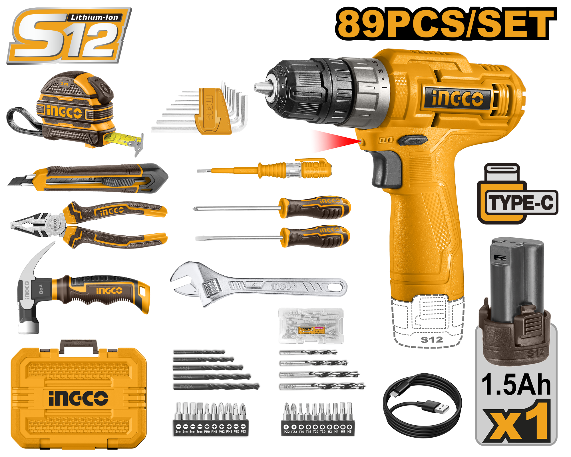 Bộ dụng cụ đa năng 89 chi tiết gồm khoan pin 12V và đồ nghề thông sửa chữa thông dụng INGCO HKTHP10891