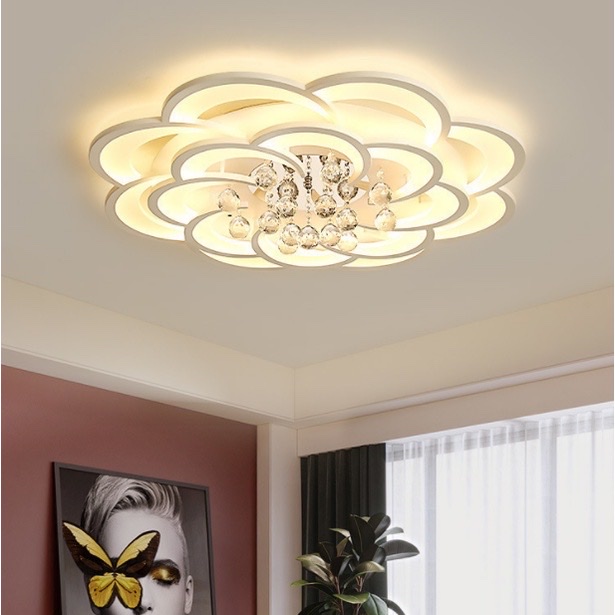 Đèn ốp trần, đèn led mâm ốp trần cánh hoa mai pha lê 3 chế độ ánh sáng, có điều khiển từ xa