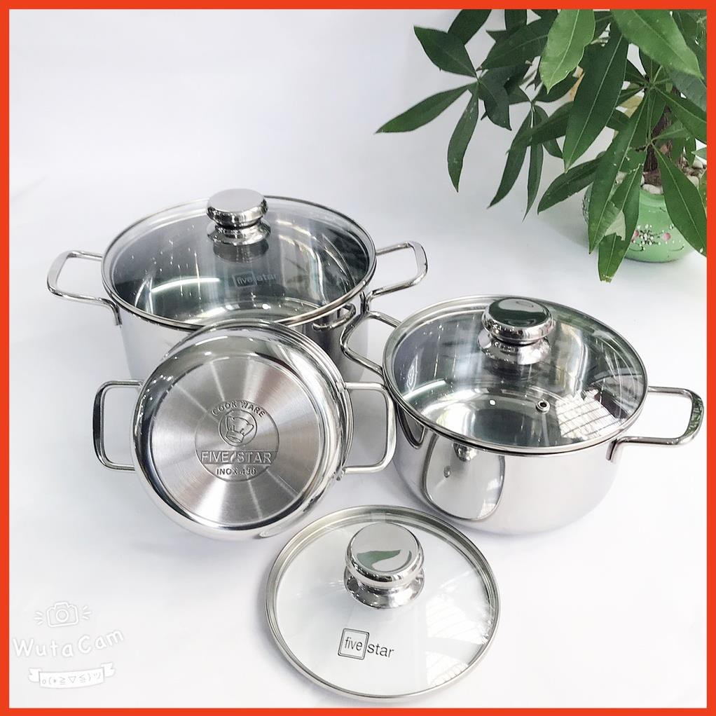 Nồi Inox 430 Fivestar Standard 3 Đáy Nắp Kính- Nồi Luộc Gà Cao Cấp Đủ Các Kích Thước- Dùng Được Các Loại Bếp- Hàng Chính Hãng