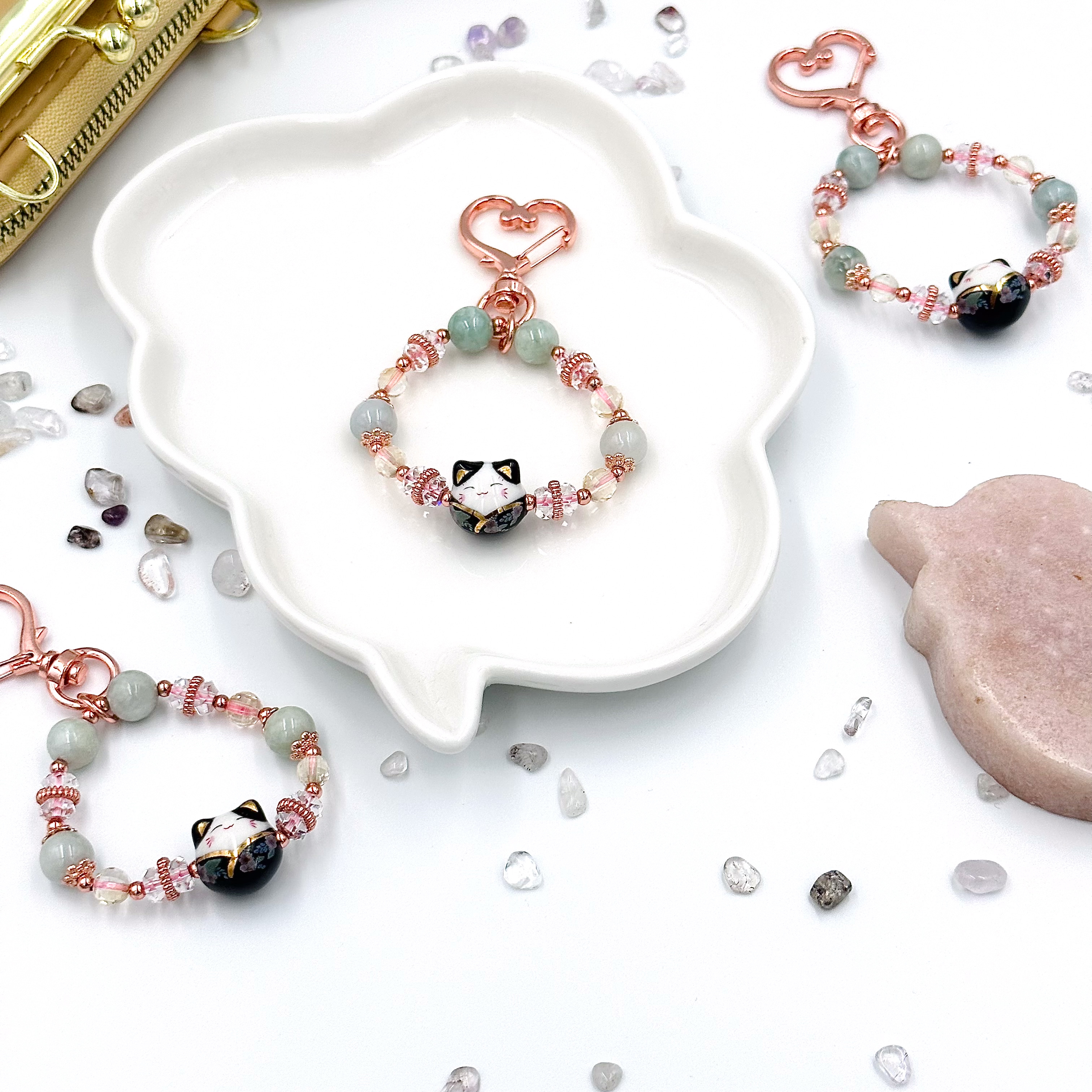 CRZ Bag Charm - Phụ Kiện - Black Porcelain Cat With Jadeite - Móc Khóa Vòng Tay Đá Cẩm Thạch Kèm Charm Mèo Đen Bằng Sứ