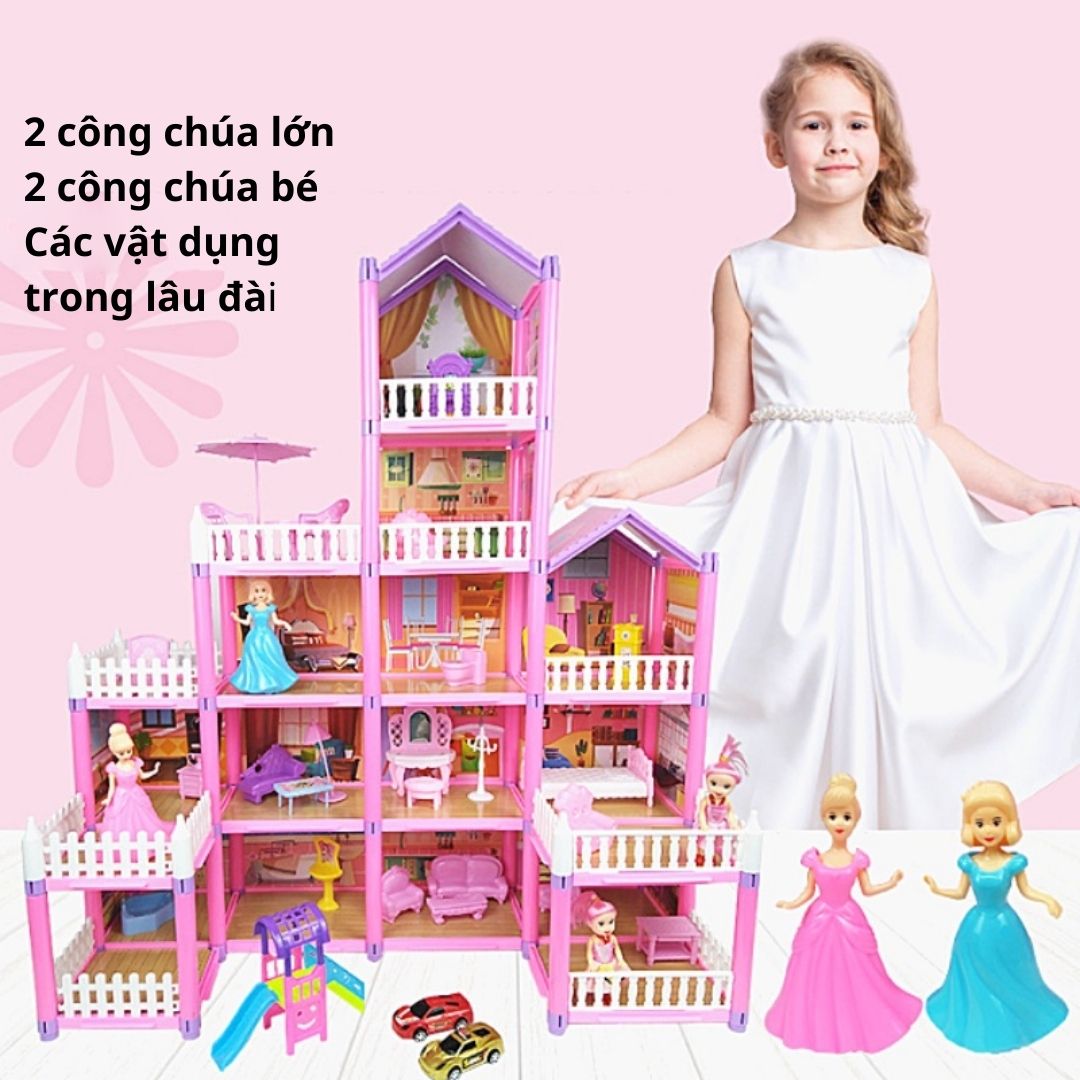 Biệt thự lắp ráp lâu đài công chúa màu hồng đồ chơi bé gái quà tặng sinh nhật