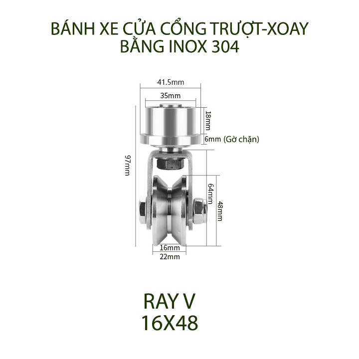 Bộ bánh xe cho cửa cổng trượt-lùa kiêm xoay 360 độ, làm bằng inox 304, Kích thước 16x48mm