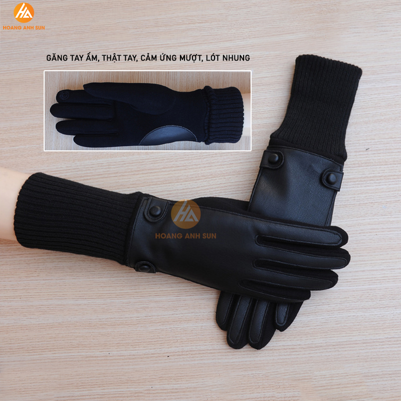 Găng tay da nữ đi xe máy mùa đông cảm ứng chống nước lót nhung giữ ấm, thật tay, không cộm, cổ tay dài 10cm