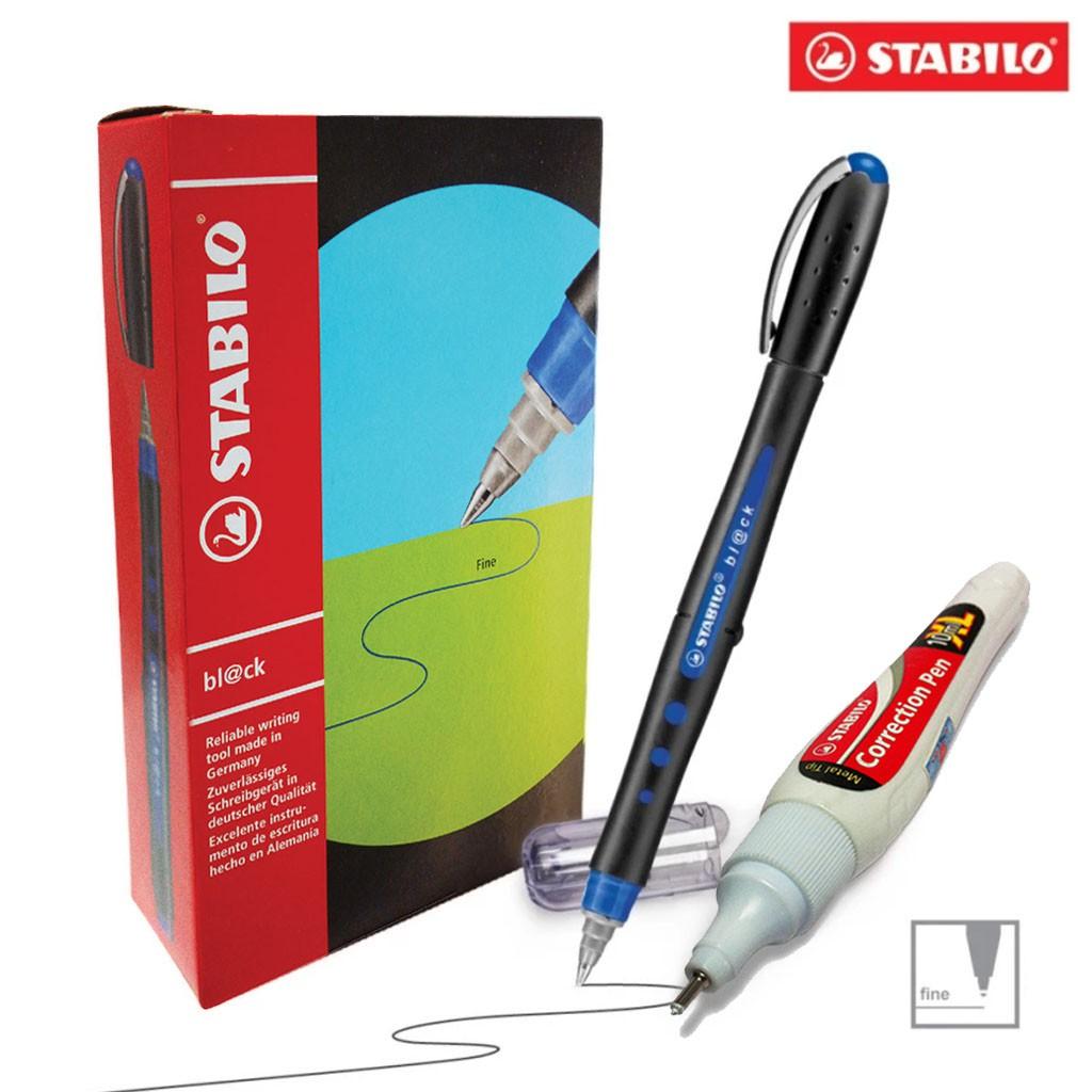 Hộp 10 cây bút bi nước STABILO bl@ck 0.7mm màu xanh + Bút xóa Correction Pen CPM88 (BLKF/10-BUG)