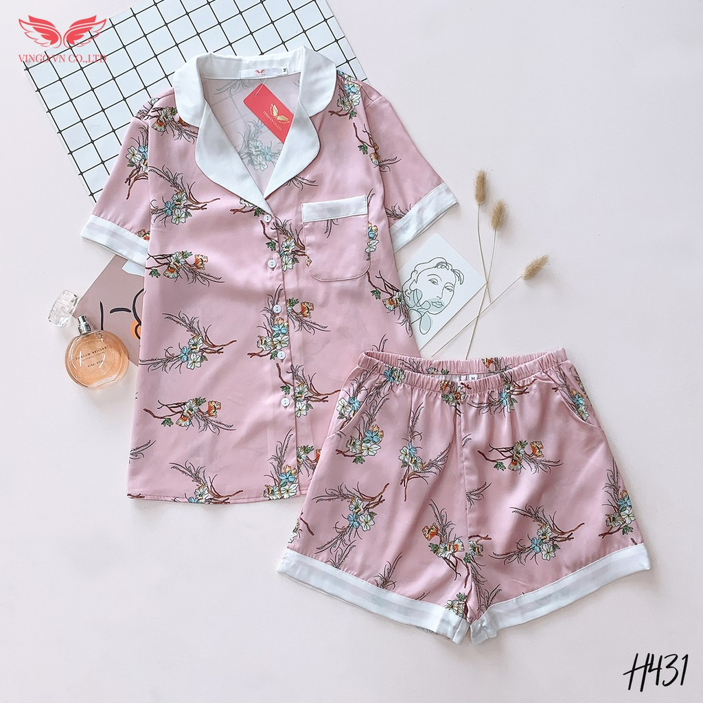 Bộ đồ Pijama VINGO lụa Pháp mát mẻ mặc nhà tay cộc quần cộc họa tiết cành hoa H431 VNGO - TCQC