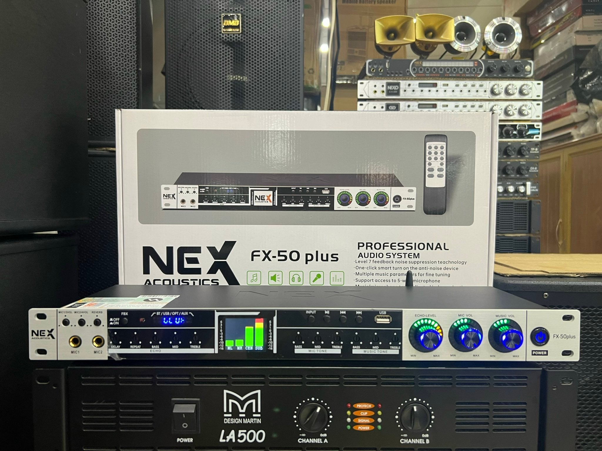 Vang cơ NEX Acoustics FX50Plus: Có REVERB, Chống hú tốt, Dàn đèn Led tín hiệu. Có Bluetooth, Optical,. Tặng kèm bộ dây kết Canon