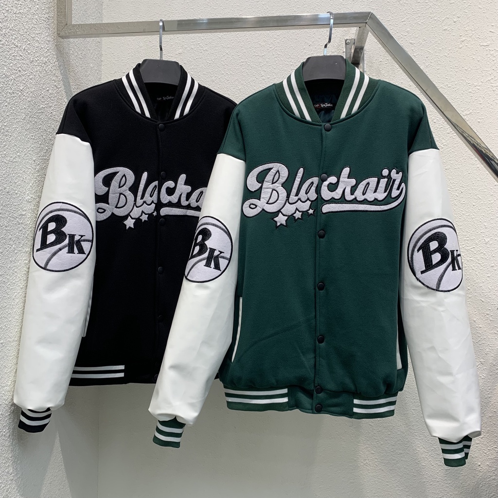 Áo khoác Bomber tay da , varsity jacket Black nam nữ chất dạ 2 lớp , áo khoác bóng chày local brand unisex - Gin Store