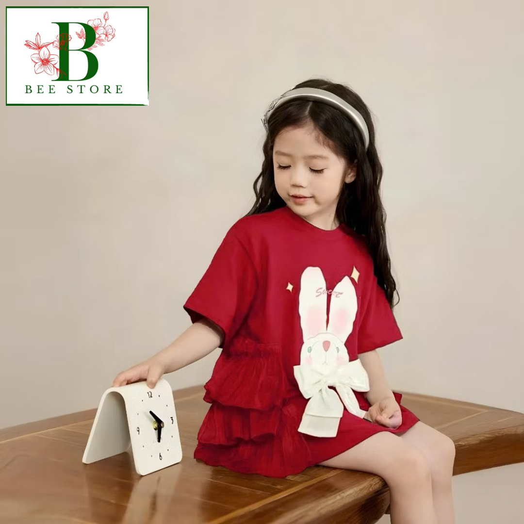 Đầm Công Chúa – Đầm Dự Tiệc Bèo Tầng In Thỏ Gấu , Nơ Bản To Từ 10-36 kg Dành Cho Bé Gái