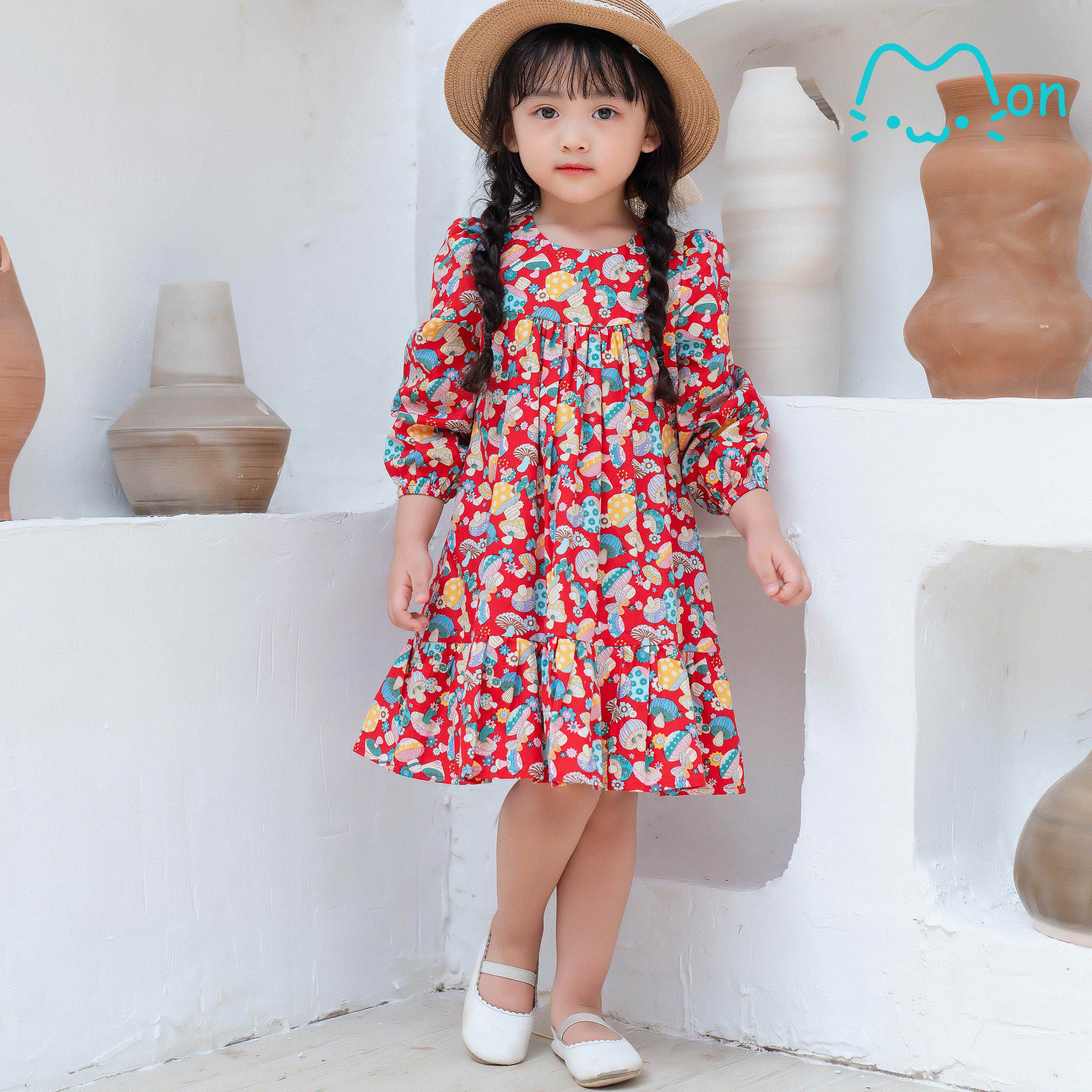 Váy Babydoll Cotton dài tay họa tiết cây nấm xinh xắn cho bé gái VL06, VL07