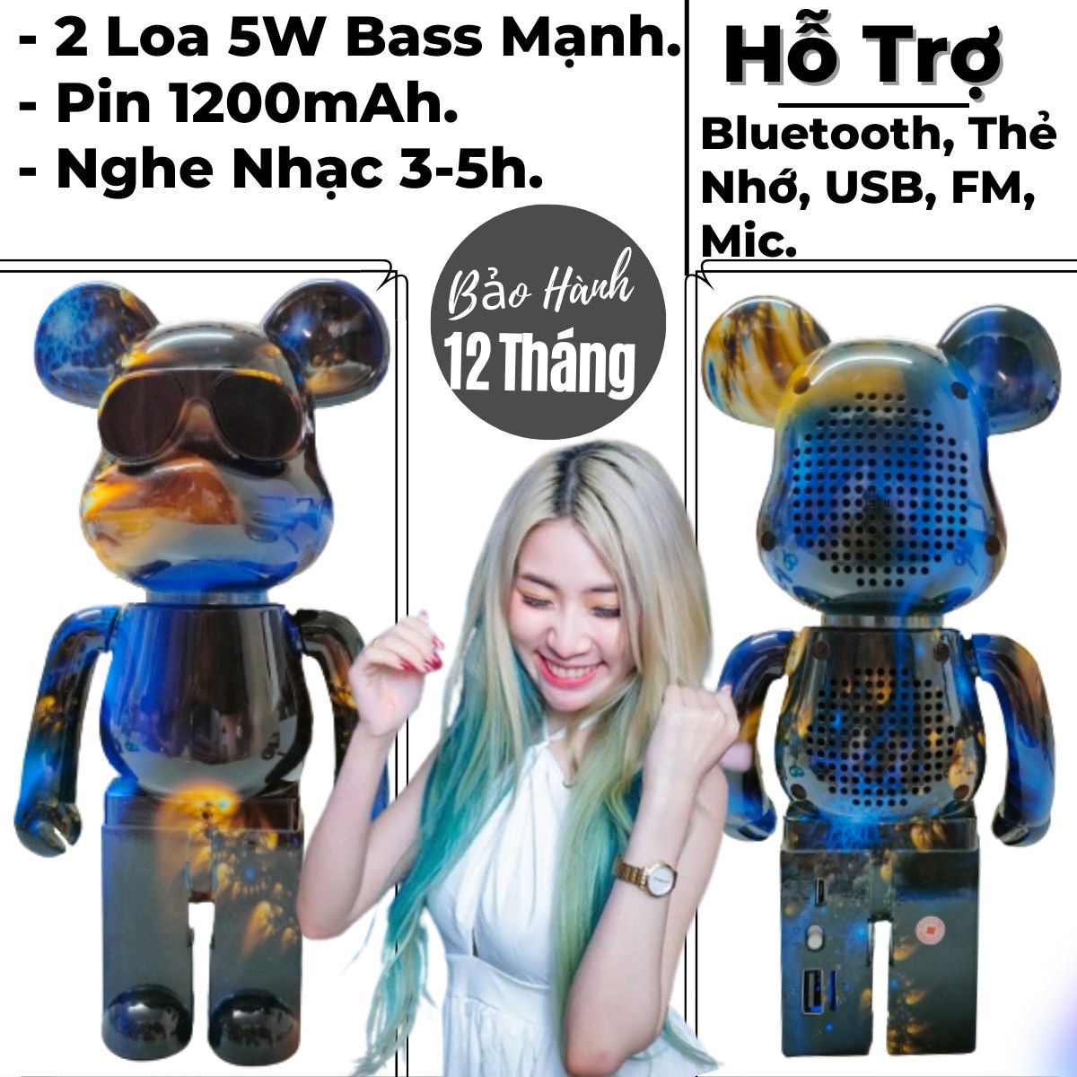 Loa Bluetooth Mini Hình Gấu B5+ Có 2 Loa 5W Công Suất Lớn, Bass Mạnh, Pin 1200mAh, Có Khe Cắm Thẻ Nhớ, USB, FM