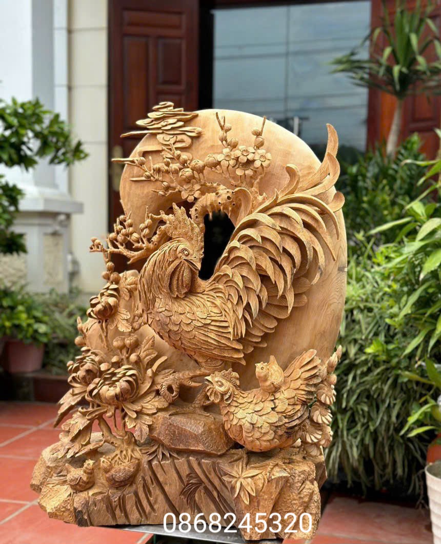 Tượng gia đình gà phong thủy bằng gỗ ngọc am kt 86×66×37cm