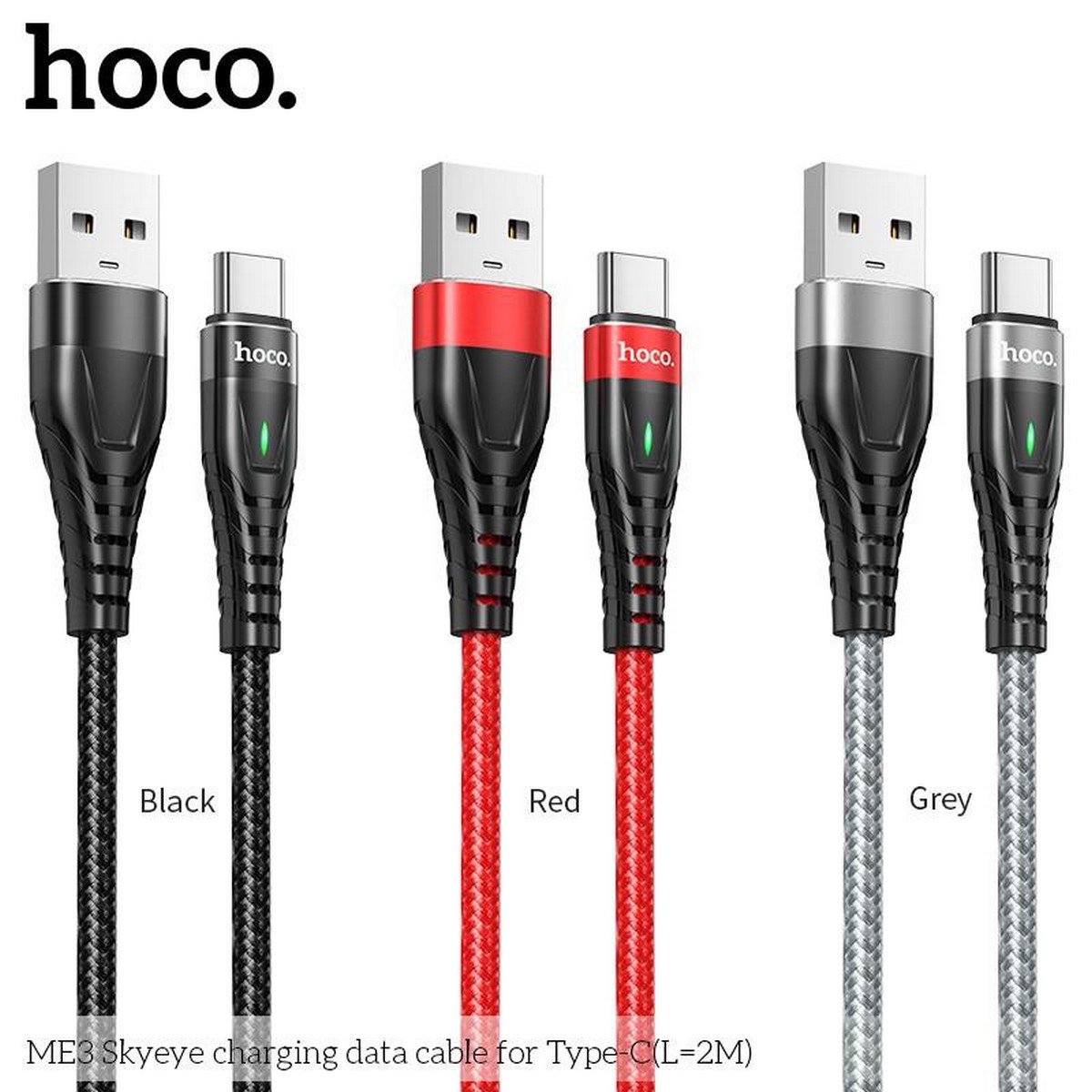 Cáp Sạc Dành Cho Hoco. Dây Dù ME3 3A Cho Type-C Có Led Dây Dài 2M Hàng Chính Hãng