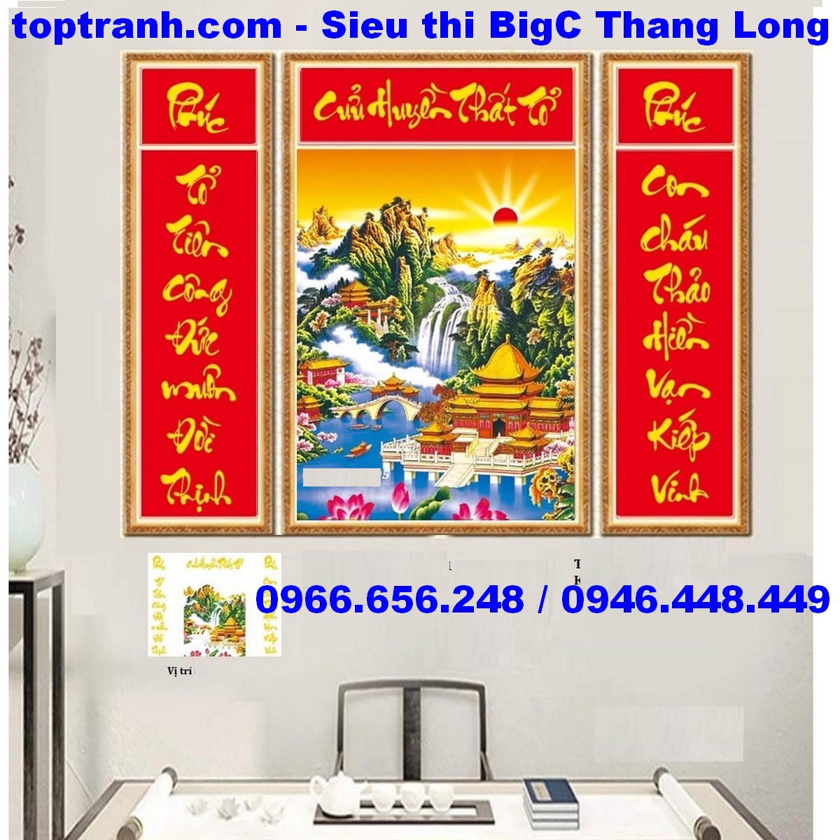 Tranh thêu chữ thập hoành phi câu đối để phòng thờ LV3472 chưa thêu