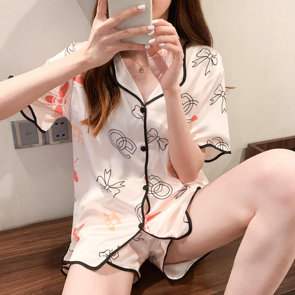 Pijama- Đồ Bộ Ngủ Cộc Vải Lụa Cao Cấp Viền Đen Họa Tiết CCLP10