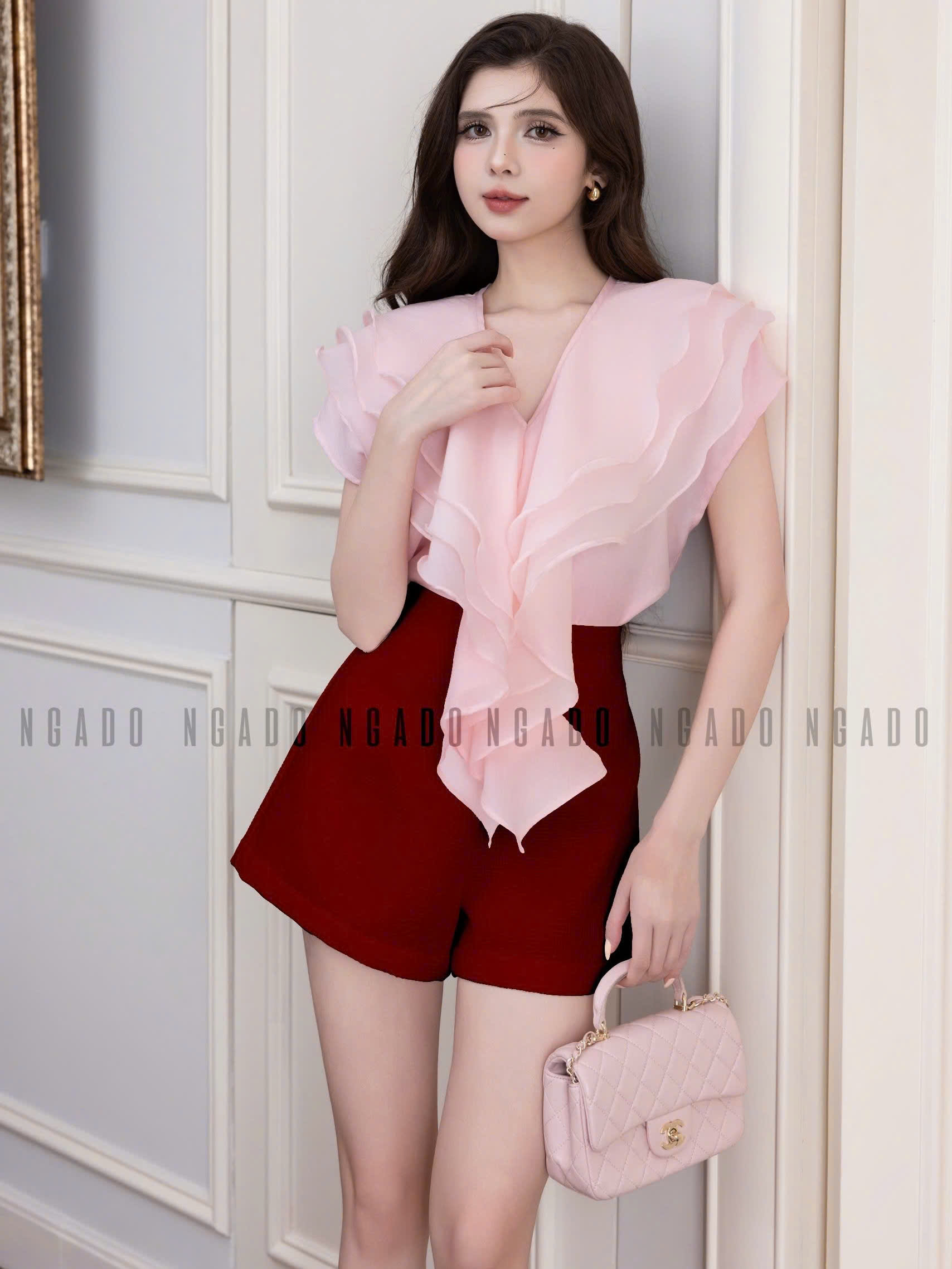 Set áo hồng quần short đỏ NGADO , set áo quần ngắn , set áo quần Nữ , set dạo phố