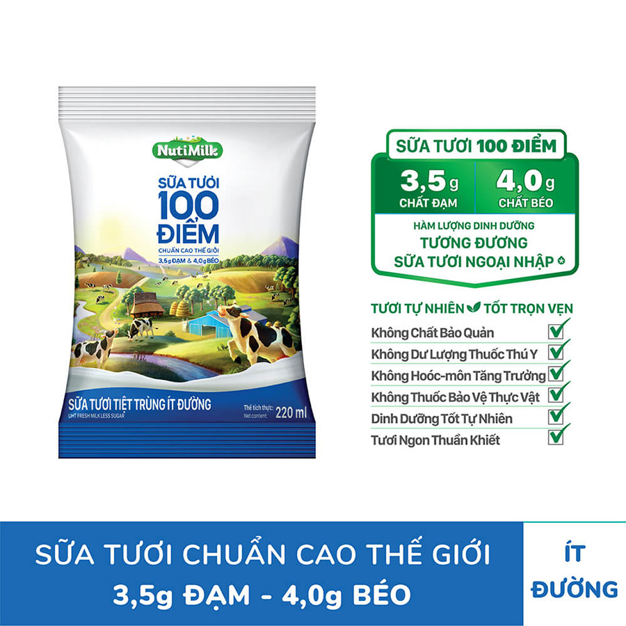 Thùng 48 bịch Nutimilk Sữa tươi 100 điểm Ít đường 220ml