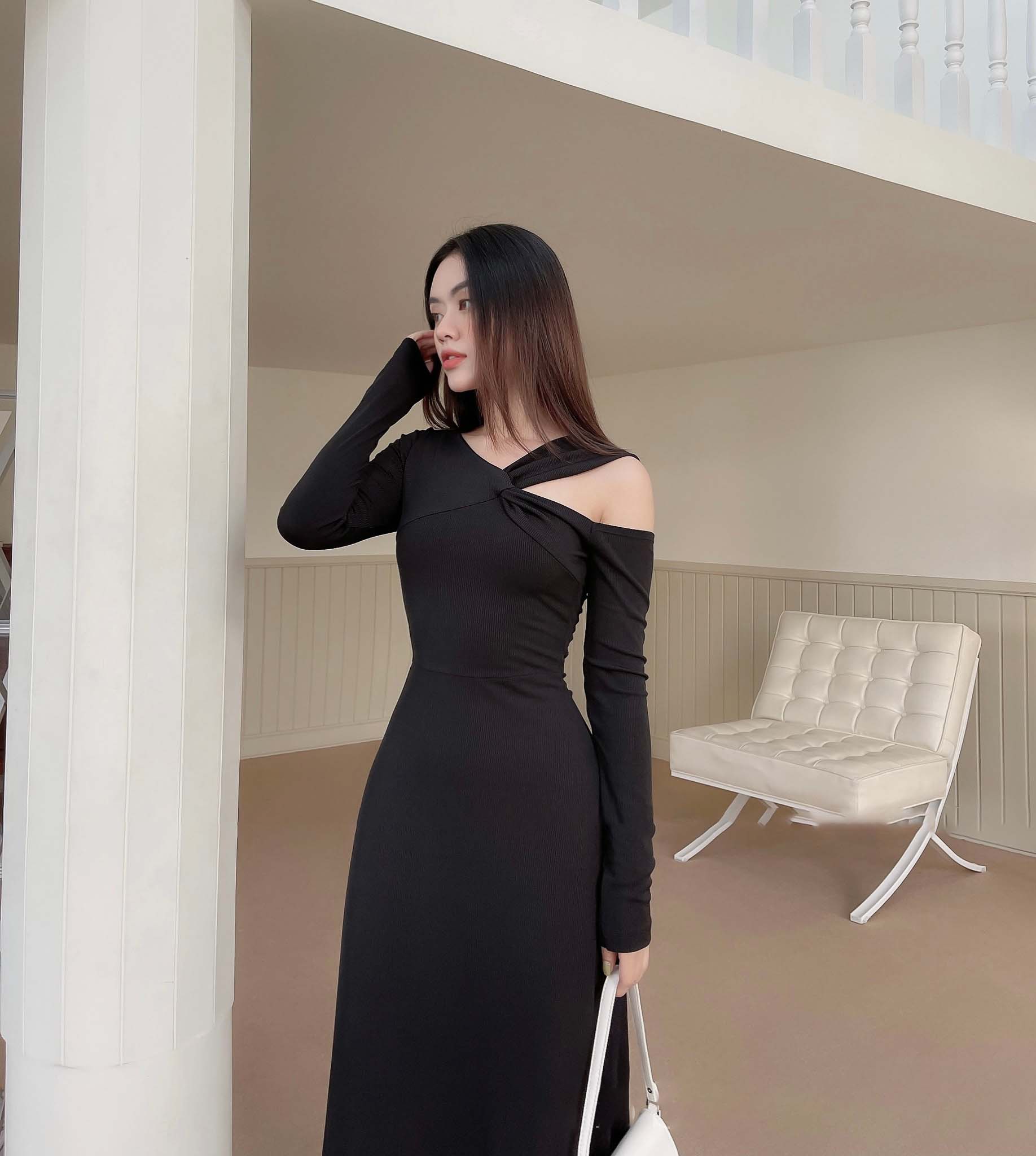 Đầm Maxi Tay Dài Lệch Vai Dự Tiệc Thun Gân Cao Cấp TACARA DRESS