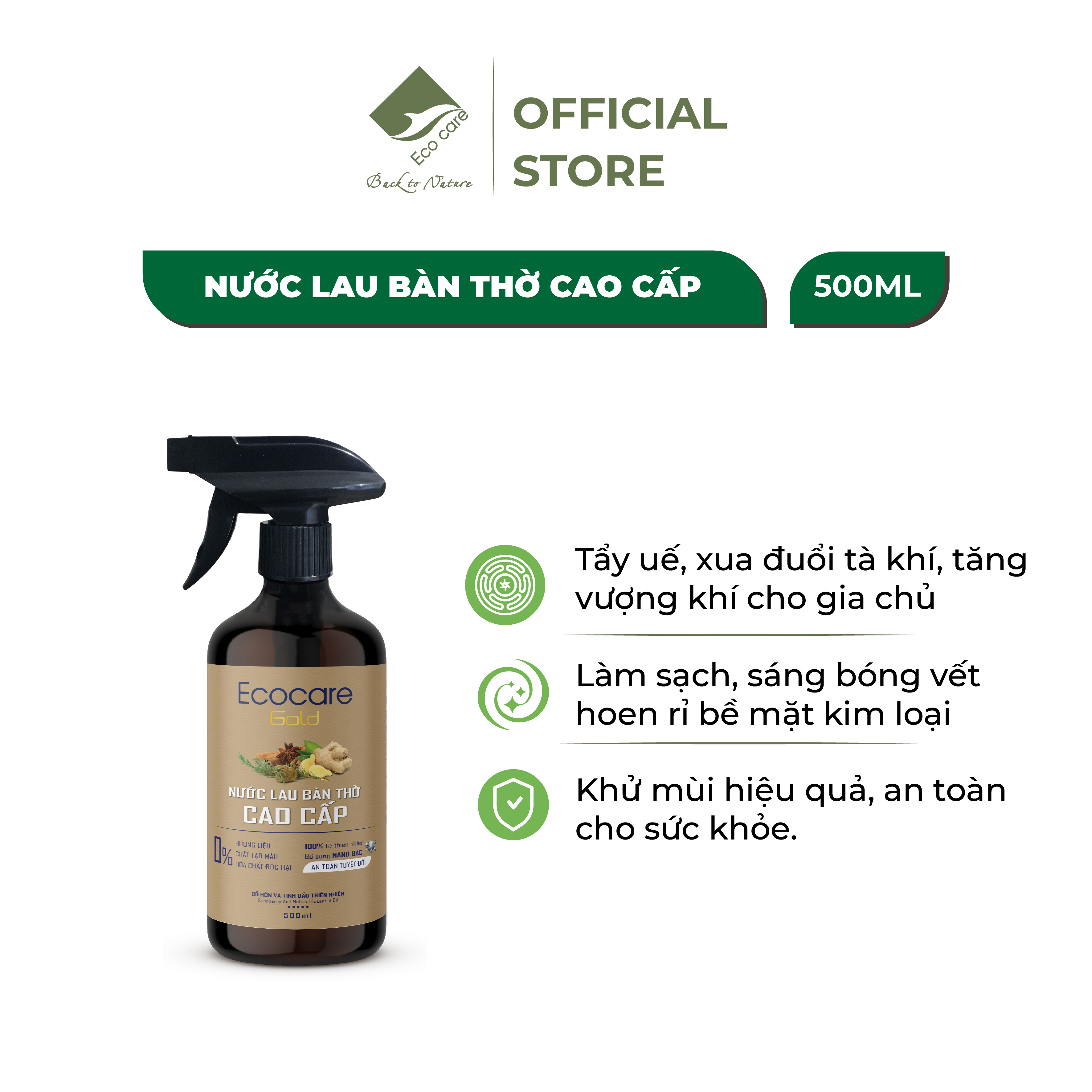 Nước Lau Bàn Thờ Cao cấp Ecocare 300ml kết hợp giữa Trầm Hương và Quế giúp tẩy uế, mang lại vượng khí