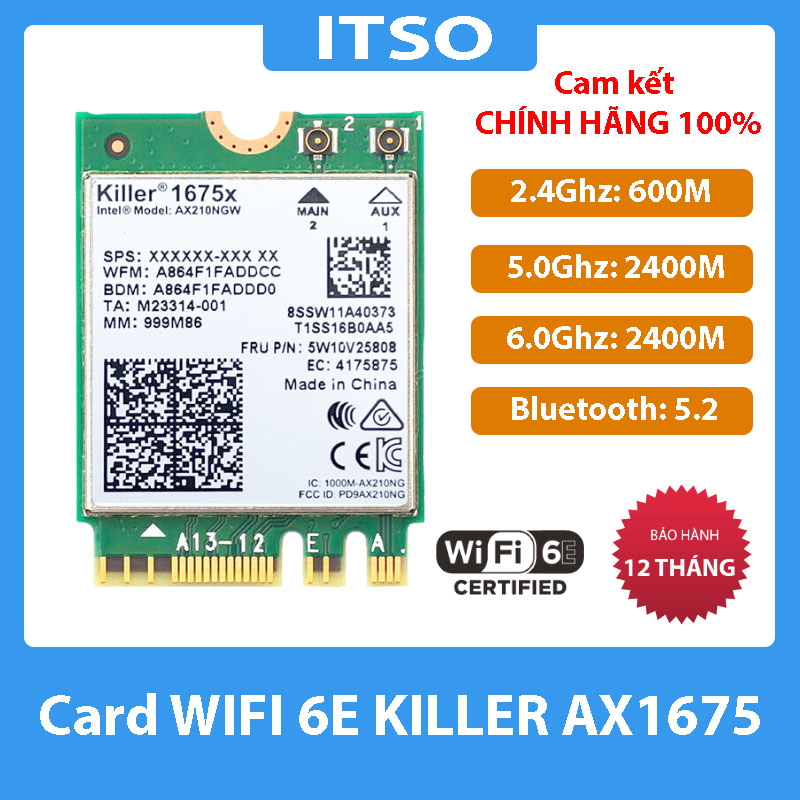 Card WIFI 6E Killer AX1675 sử dụng cho laptop hỗ trợ 3 băng tần tích hợp Bluetooth 5.2 - Hàng nhập khẩu