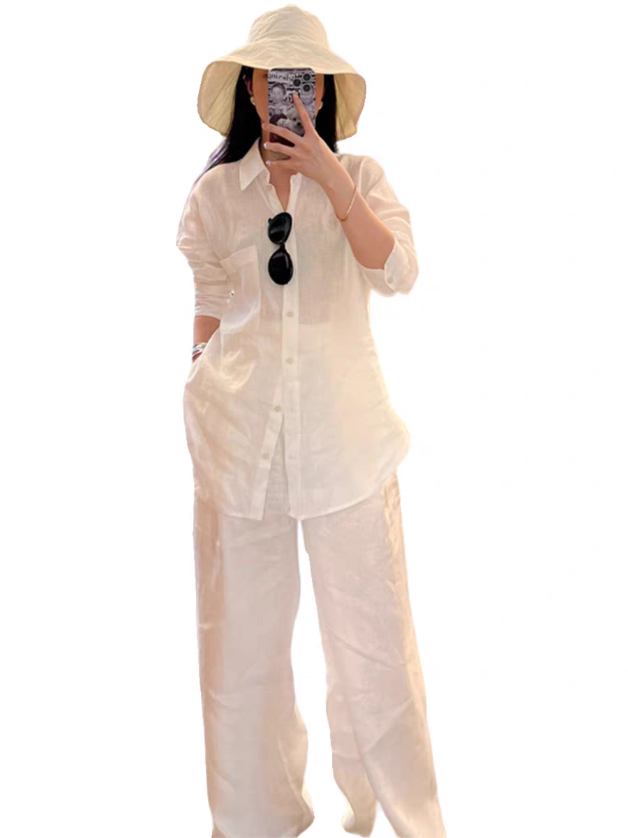 Sét bộ gồm áo sơ mi linen và quần ống rộng chất liệu thoáng mát dễ mặc