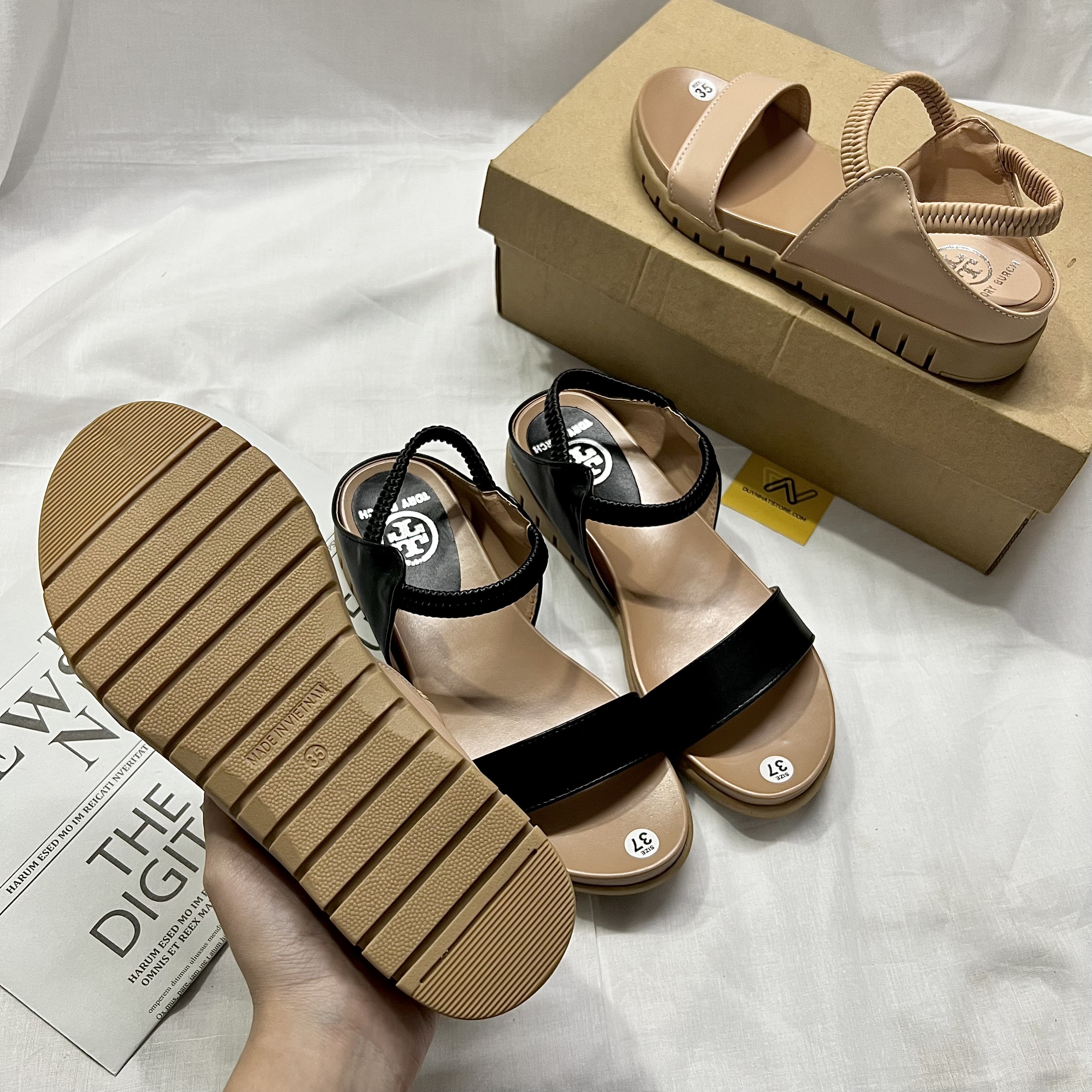 Giày Sandal Nữ 1 Quai Ngang Trơn Đế Xuồng Bằng 3cm Kem Đen Duy Nhật Store Học Sinh Đi Học Uzzang Chiến Binh Thun Bánh Mì