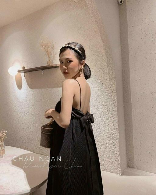 Đầm suông hai dây dập ly cột nơ lưng cực đẹp - hình thật trải sàn