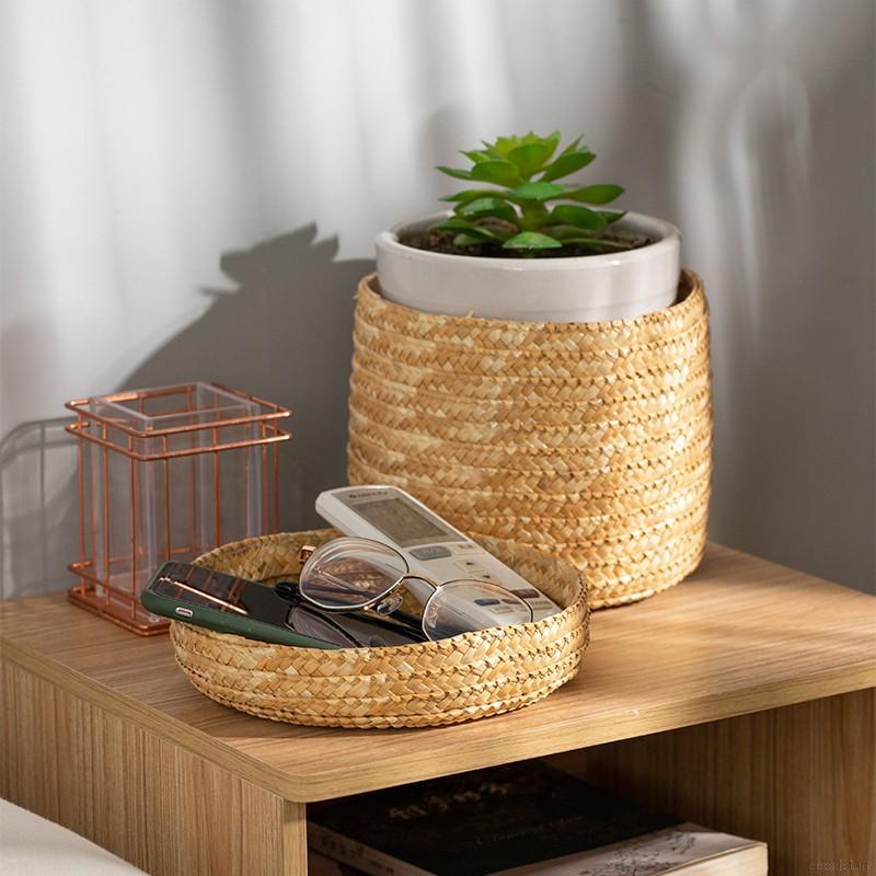 Giỏ Đan Rơm Thủ Công Có Nắp Đậy Đựng Đồ Ăn Vặt Để Bàn Tiện Lợi