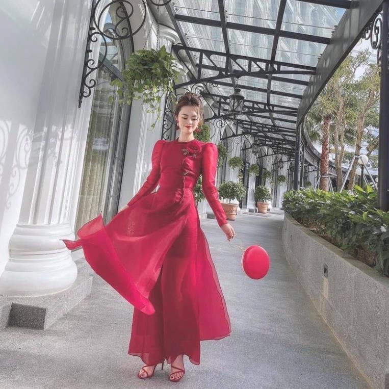 Áo dài cách tân nữ cao cấp_Chaang_May áo dài tết cổ tròn hoa thủ công áo dài 4 tà