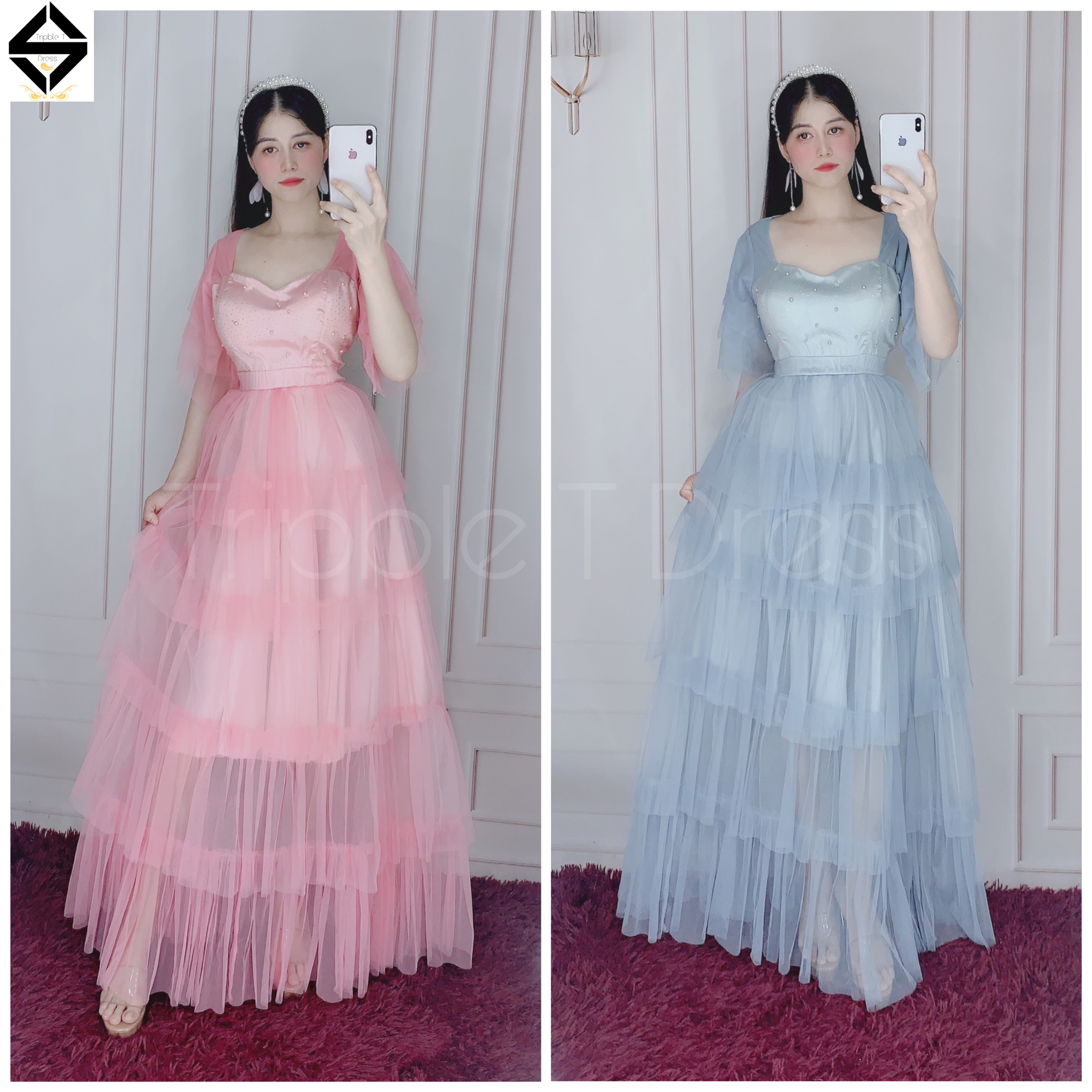 Đầm maxi dự tiệc lưới xếp tầng tay loa TRIPBLE T DRESS -size M/L - MS302V