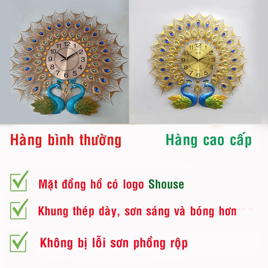 Đồng Hồ Treo Tường Hai Con Chim Công Khổng Tước Kim Trôi DTN009 Nghệ Thuật Cao Cấp Shouse hiện đại 3D kích cỡ lớn đẹp treo phòng khách