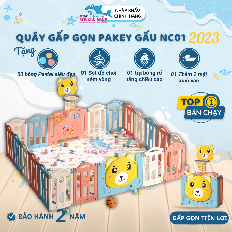 Quây Gấp Gọn Pakey Gấu NC01 Dày Dặn TẶNG BÓNG+THẢM+SET BÓNG RỔ+NÉM VÒNG, Quây Cho Bé Màu Sắc Sang Trọng