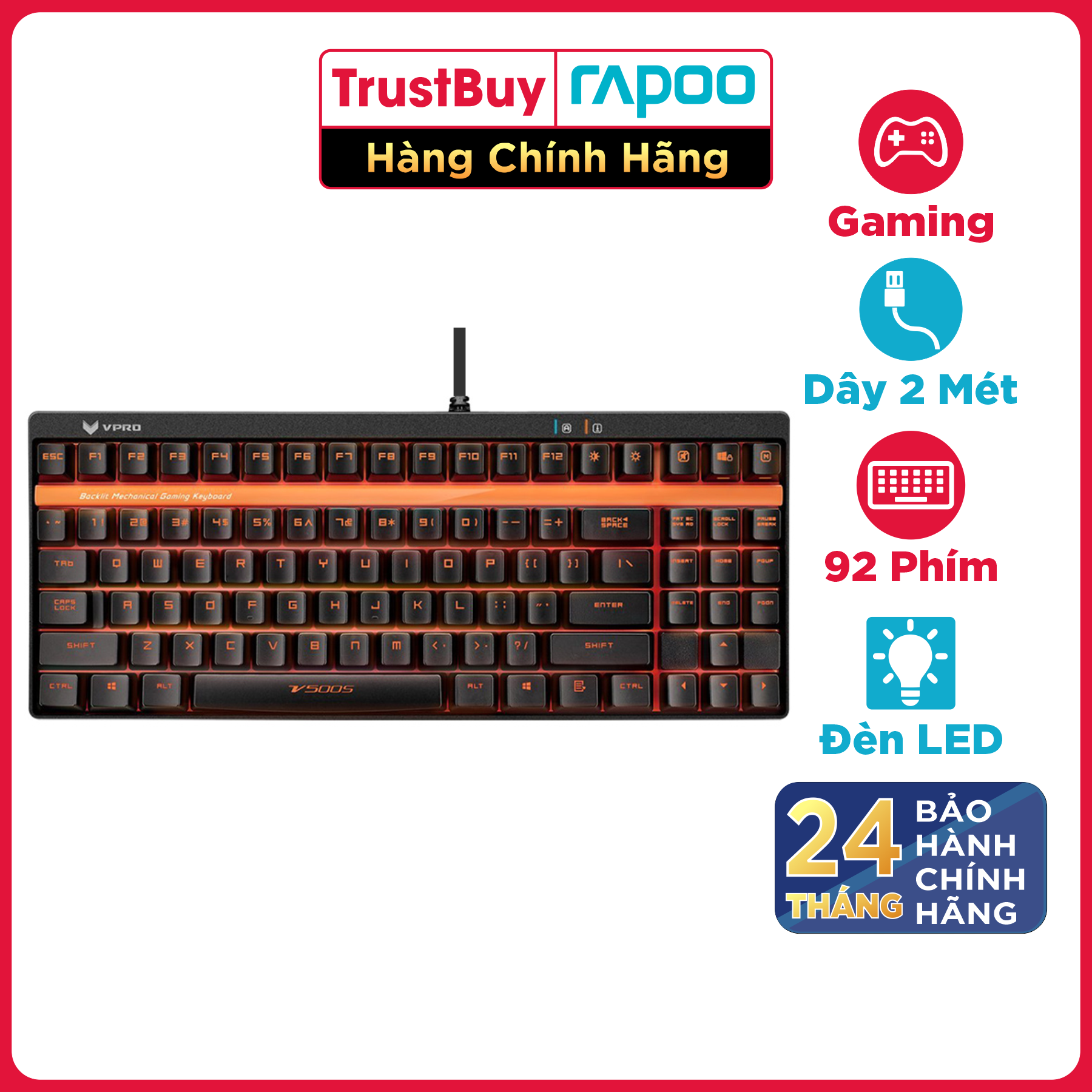 Bàn Phím Gaming Cơ RAPOO Đèn LED Đỏ, Khung Kim Loại, Dây Nylon Dù - V500S Alloy - Hàng Chính Hãng