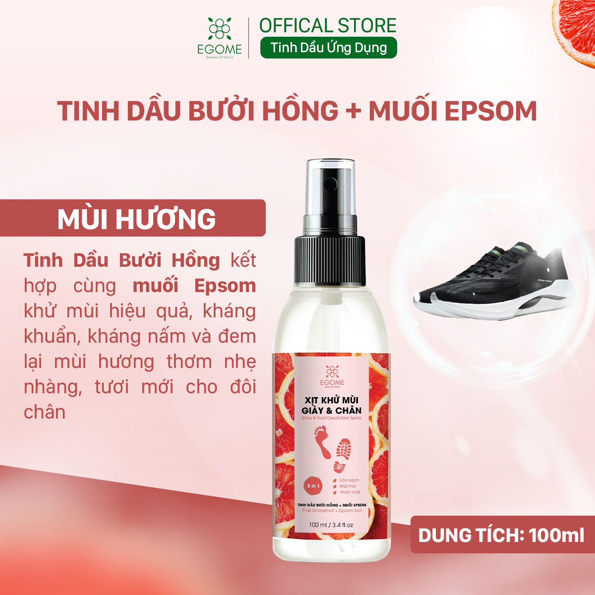 Xịt Khử Mùi Giày Và Chân Egome Tinh Dầu Bưởi Hồng làm sạch và thơm mát 100ml