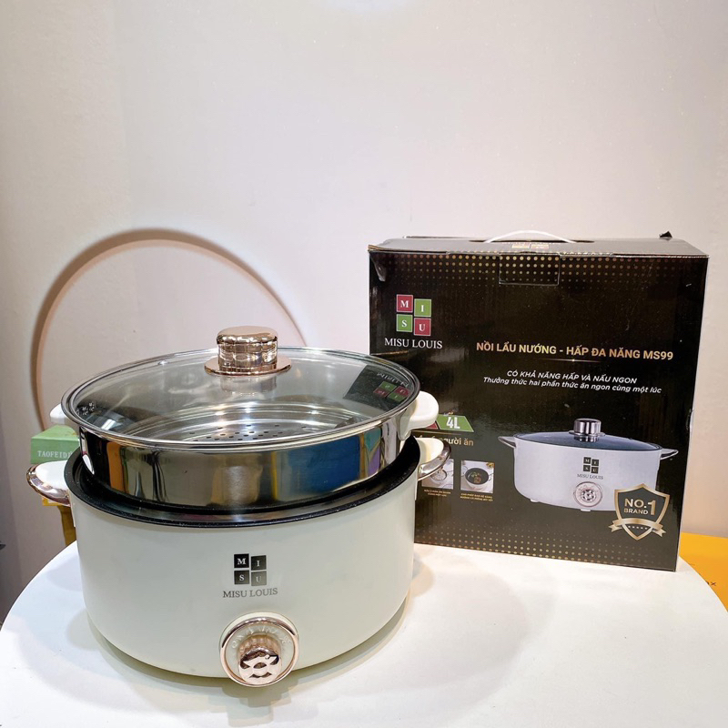 Nồi Lẩu Điện Mini, Nồi Hấp 2 Tầng, Nồi Lẩu Điện Đa Năng Tặng Kèm Xửng Hấp, Dung Tích 4Lit, Size 28cm - Hàng Chính Hãng