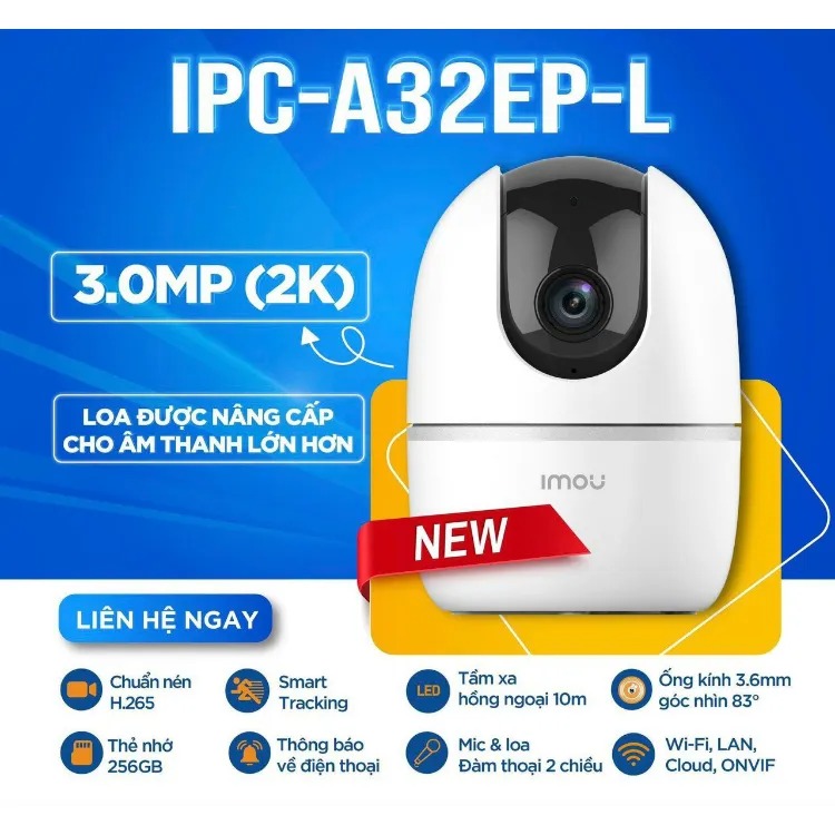 Camera WiFi Imou A32EP L 3.0MP (2K) [Kèm thẻ nhớ 64GB] Chuẩn nén H.265 Đàm thoại 2 chiều Quan sát ngày đêm Xoay 360° - Hàng chính hãng DSS phân phối