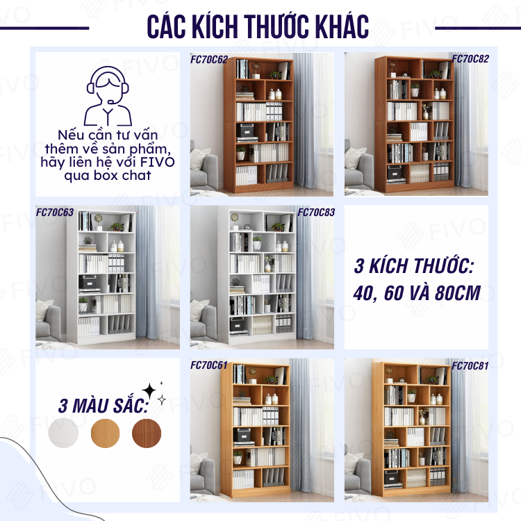 Kệ Để Sách Gỗ MDF FIVO FB70 (40 x 24 x 179cm) Đa Tầng Tiết Kiệm Không Gian (Có Tấm Lưng Phía Sau) - Hàng Chính Hãng