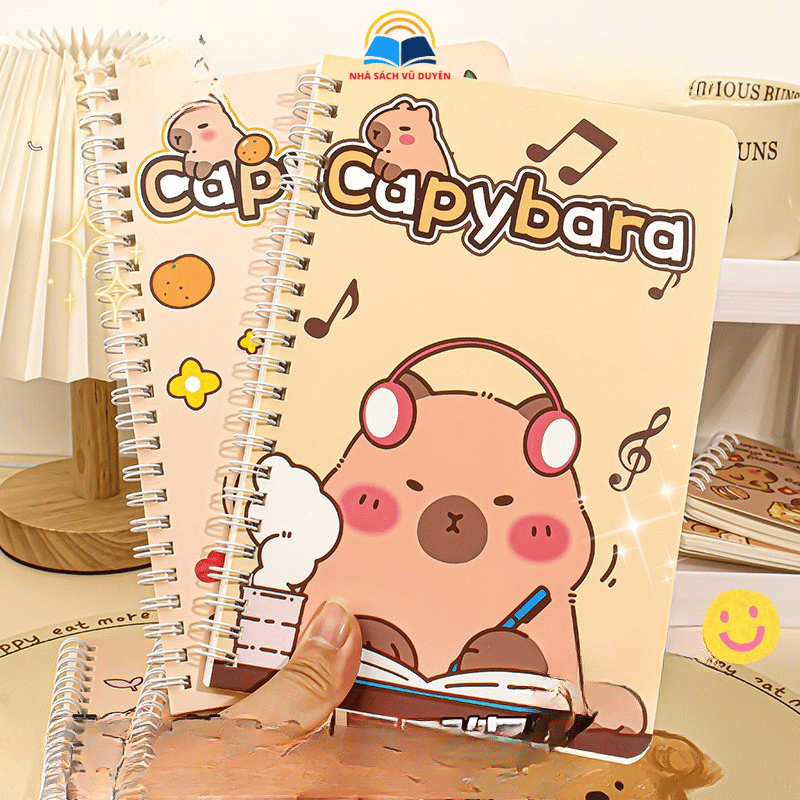 Lốc 4 Cuốn Sổ Tay Lò Xo A5 Hình Capybara Dễ Thương – Bìa Mềm, Giấy Dòng Kẻ Ghi Chép Học Tập