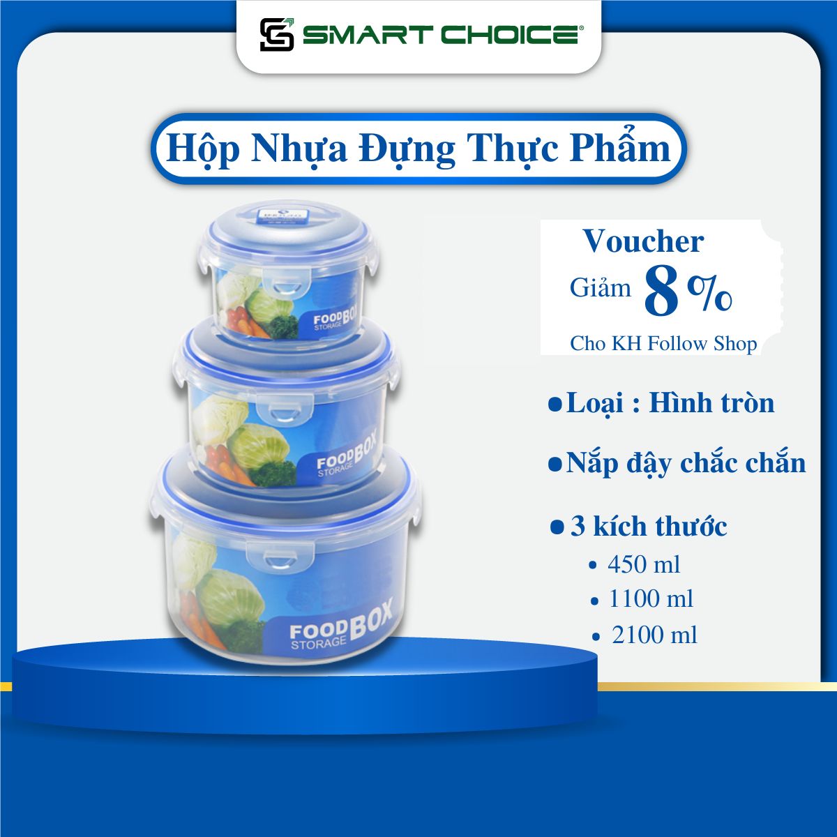 Hộp Nhựa Đựng Thực Phẩm Hình Tròn SMARTCHOICE , Hộp Đựng Thức Ăn Bằng Nhựa Cao Cấp 450-1100-2100, Chịu Nhiệt Tốt, An Toàn Cho Sức Khỏe - Hàng Chính Hãng