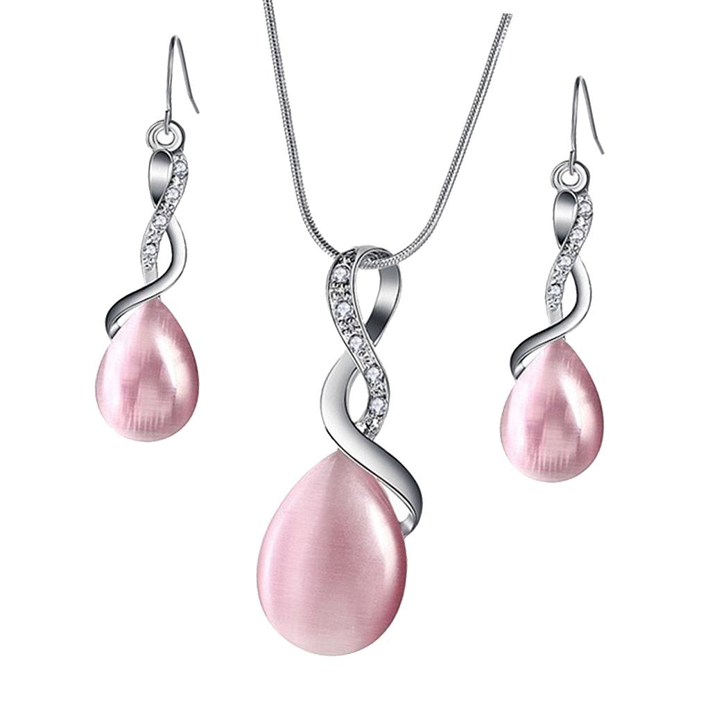 Necklace Earrings Set Waterdrop Teardrop Bridal Jewelry Set Pink + Pink