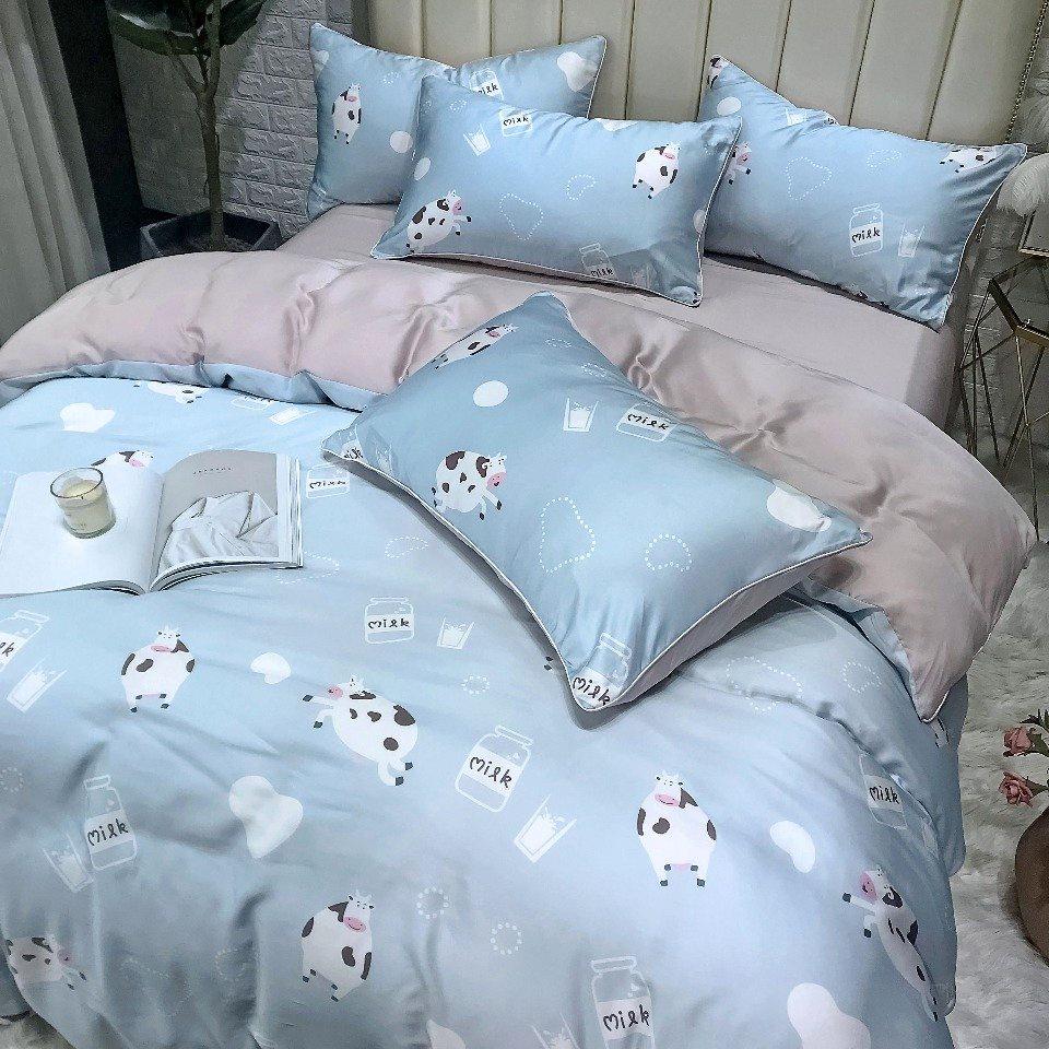 Bộ chăn ga gối mùa hè100% lụa tencel , siêu cao cấp, MỀM MỊN, MÁT DA - họa tiết Bò Sữa dễ thương