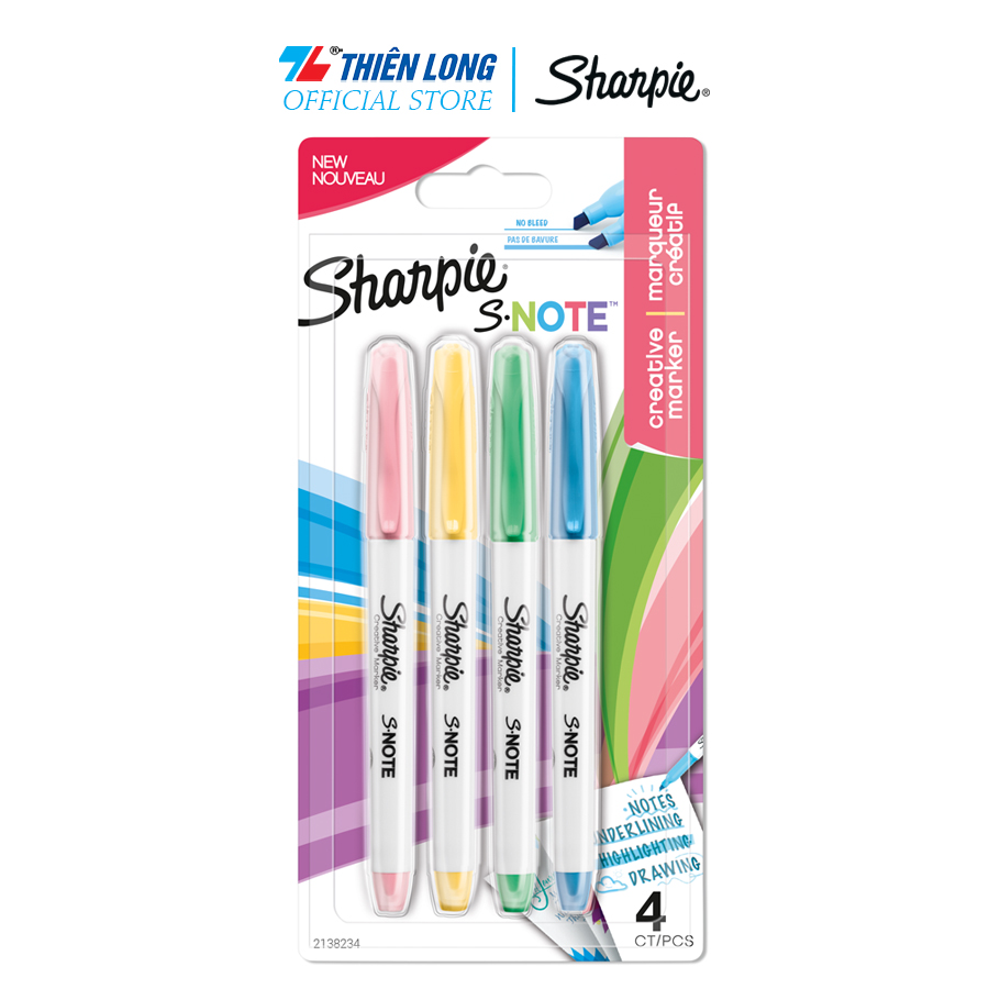 Bút lông màu Sharpie S - Note nét mảnh - nét rộng màu Pastel ( vỉ 4 cây)