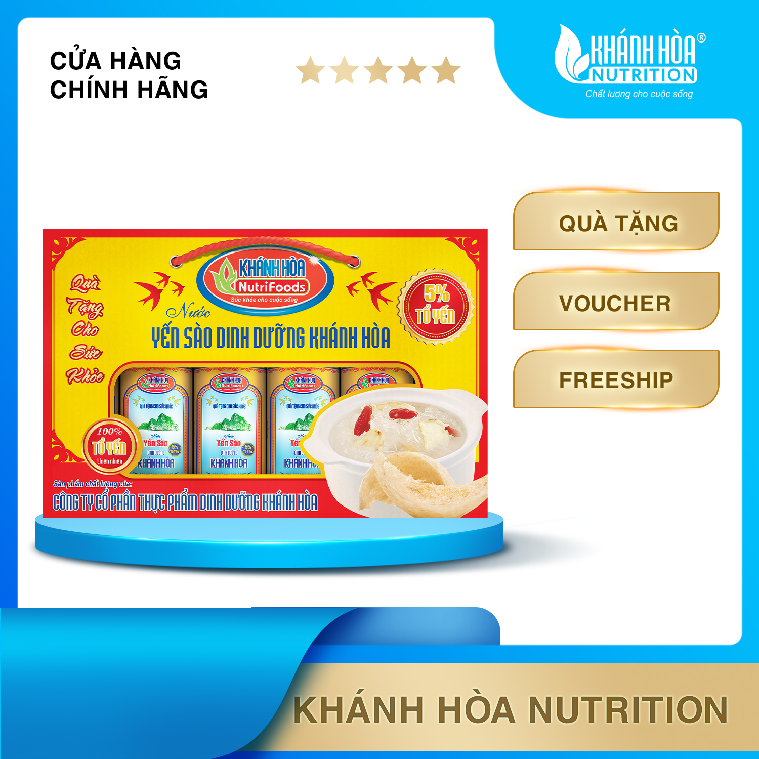 Hộp Quà Ngang Nước Yến Sào Cao Cấp 5% Tổ Yến - Khánh Hòa NutriFoods - 6 Lon x 190 ML