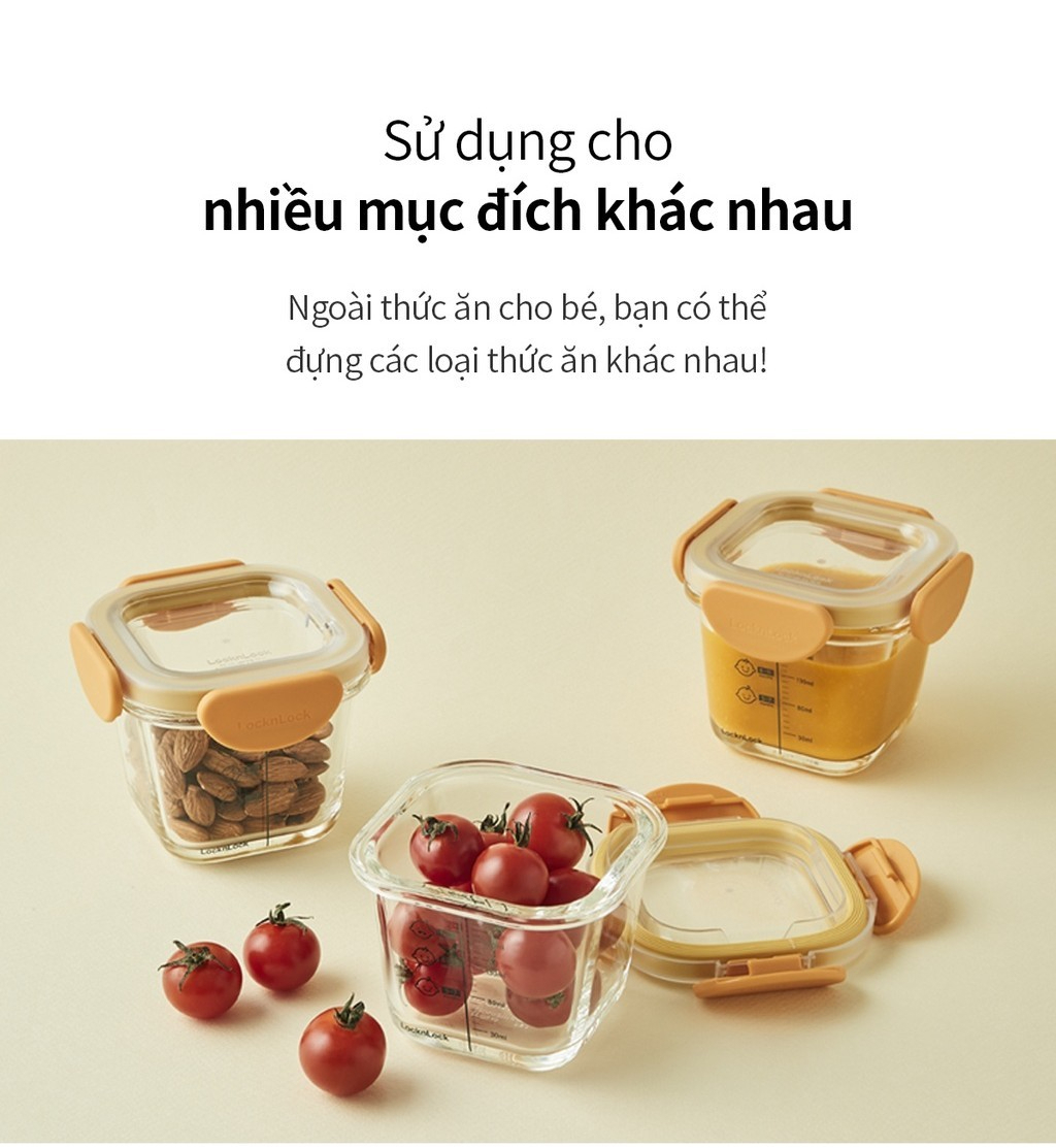 Bộ 3 hộp thủy tinh đựng thức ăn dặm cho bé Lock&amp;Lock 230ml x 3 hộp LLG508S3 - Hàng chính hãng, có vạch chia - JoyMall