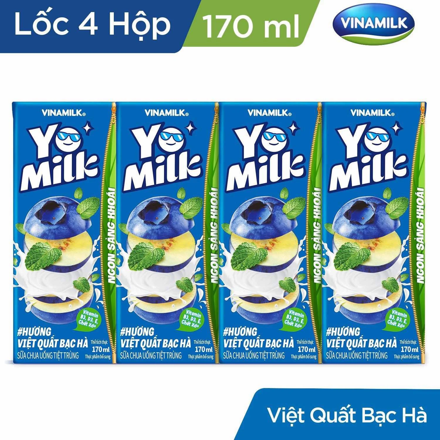 Sữa chua uống Vinamilk Yomilk hương việt quất bạc hà - Lốc 4 hộp 170ml