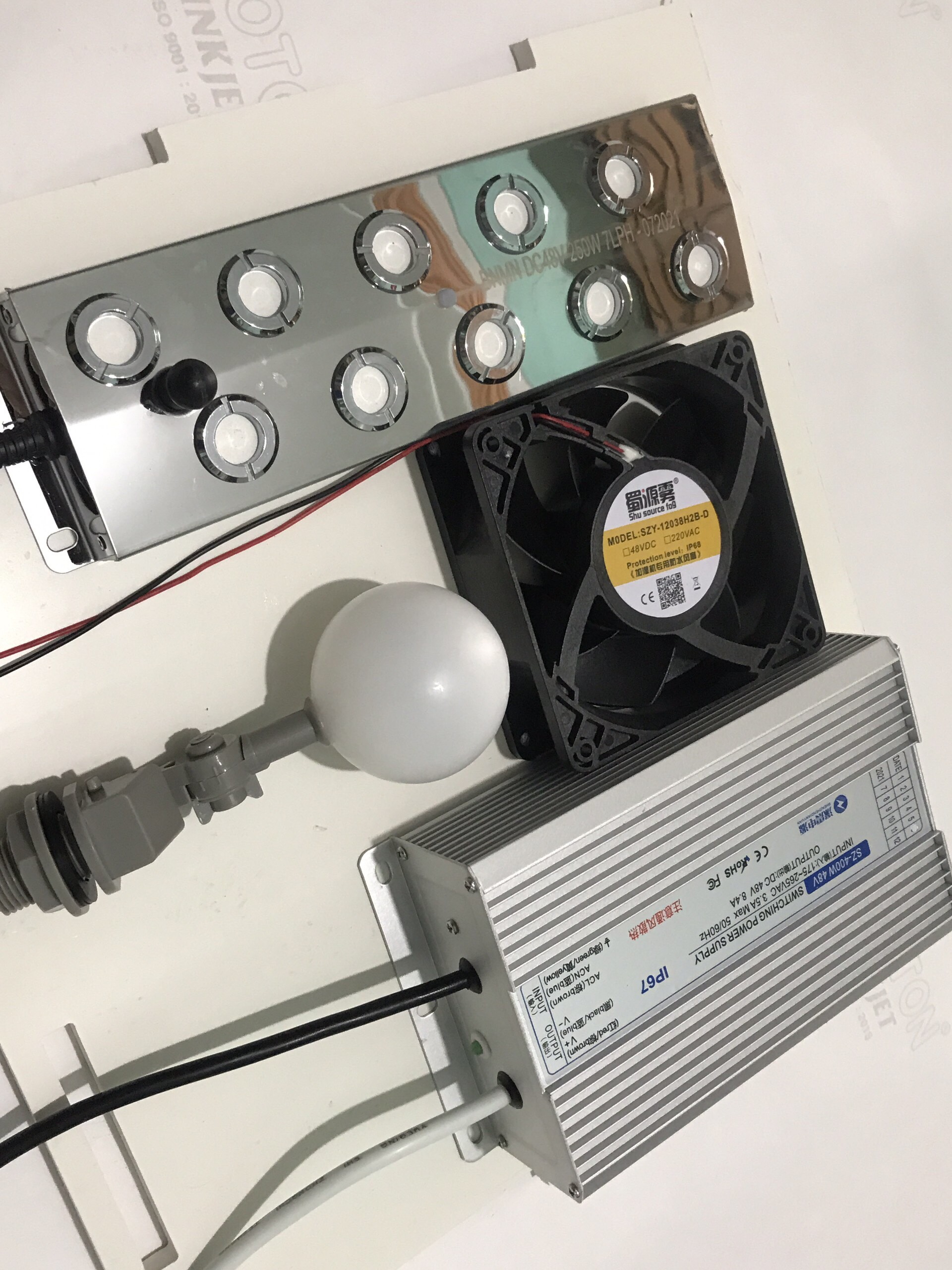 Bộ vỉ phun sương 10 mắt chế máy tạo ẩm + nguồn 48v + quạt chống ẩm + phao