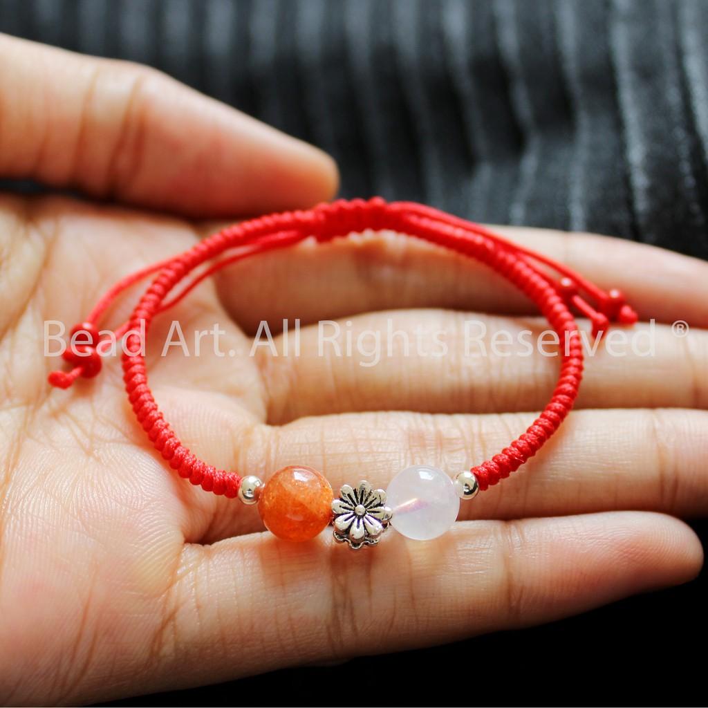 Vòng Tay Đá Moonstone, Đá Mặt Trăng Và Sunstone, Đá Mặt Trời Tự Nhiên Thắt Dây Chỉ Đỏ Handmade, Vòng Tay Phong Thuỷ - Bead Art