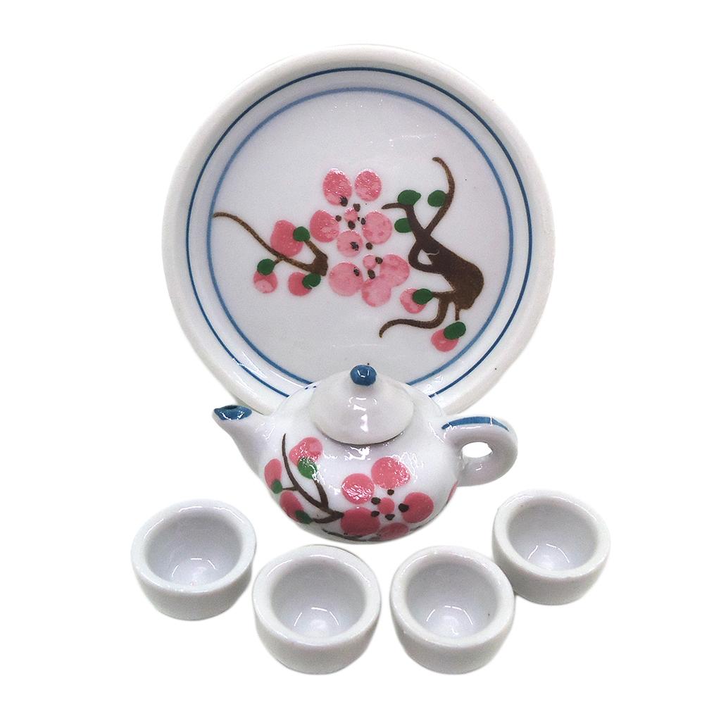 1/12 Dollhouse Porcelain Tea Set with Tea Pot Tea Cups and Tray for Dollhouse Miniature Kitchen Accessories