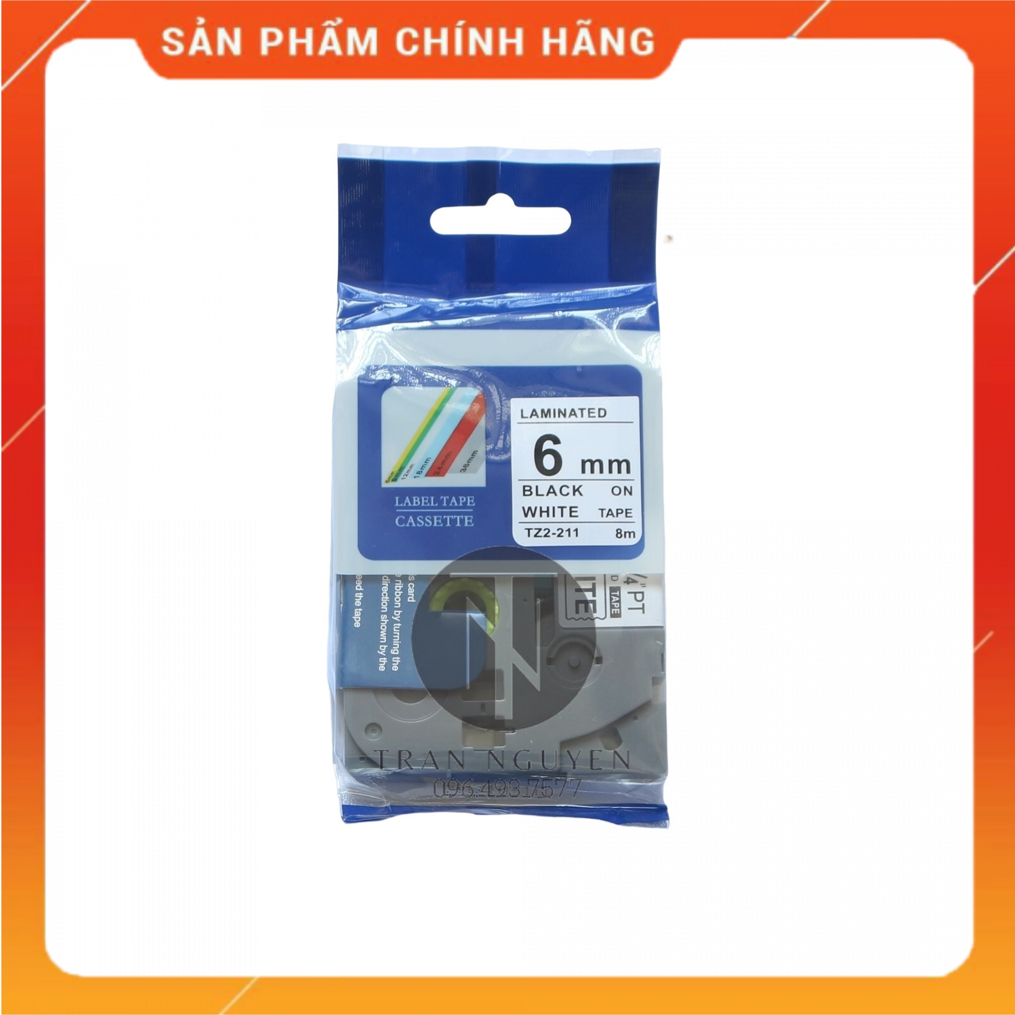 Nhãn In Brother Tz2-211 Đen nền trắng 6mm x 8m - Hàng nhập khẩu