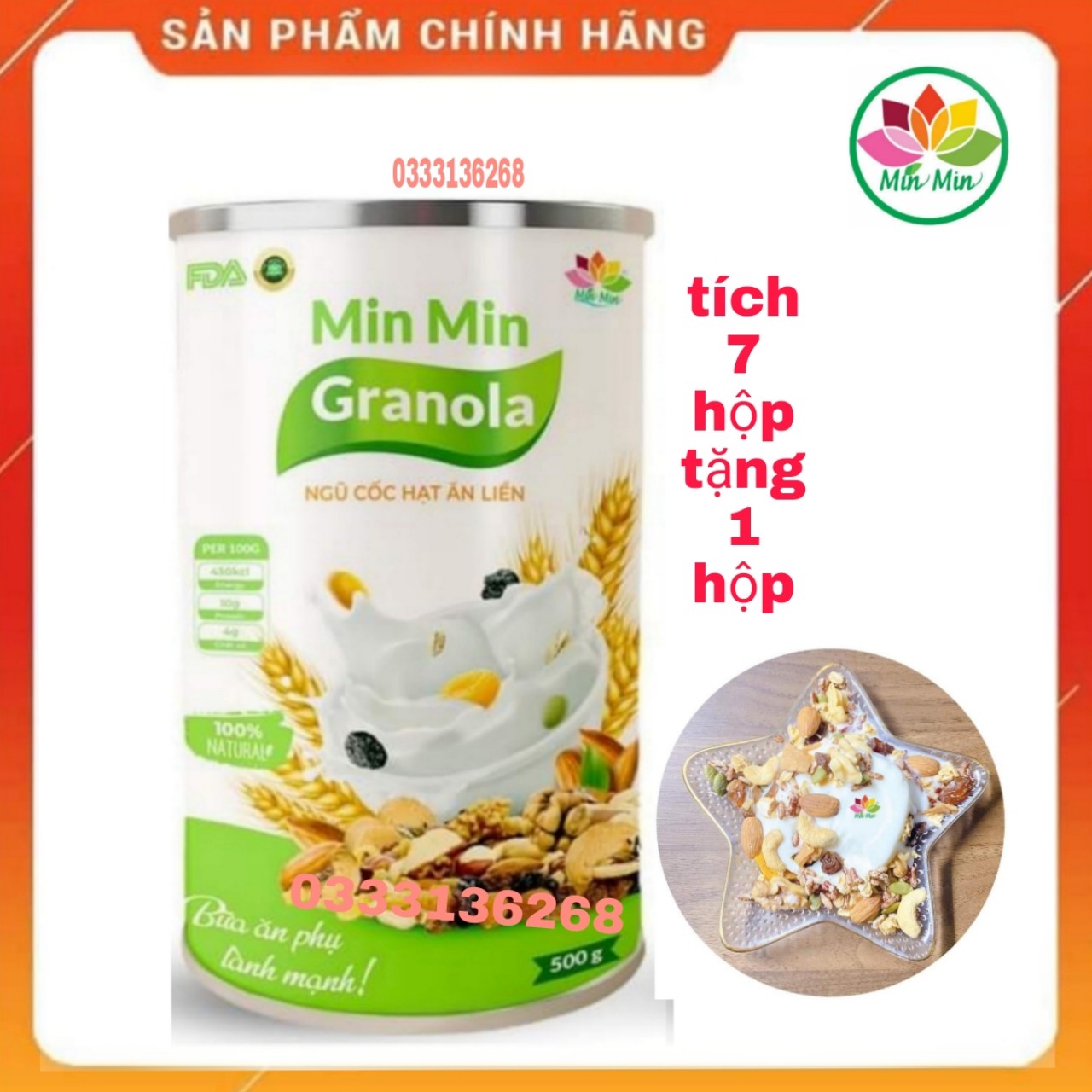 2 Hộp (1kg) Ngũ Cốc Granola Min Min _ Ngũ Cốc Hạt Ăn Liền Granloa Min Min (1hộp 500gr)